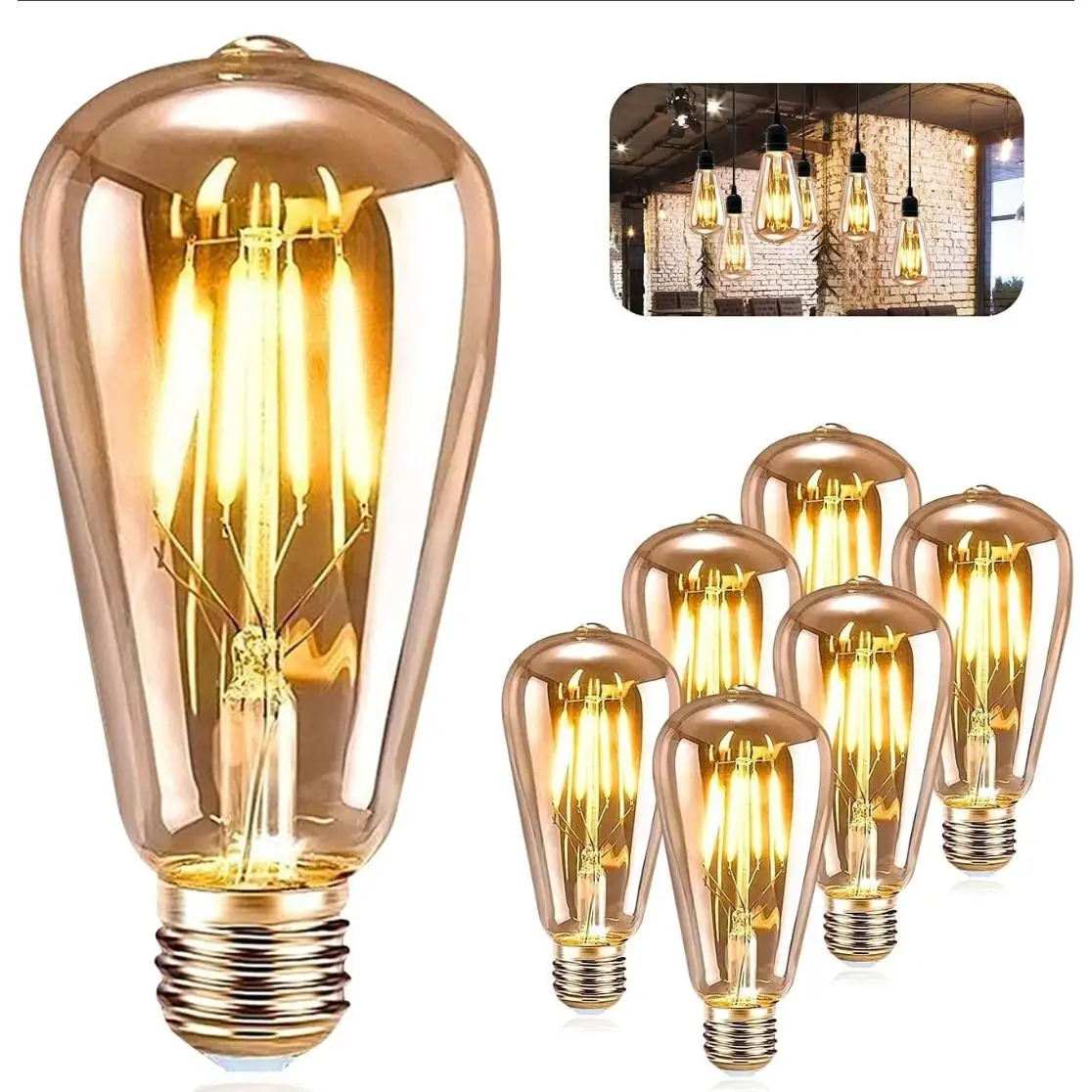 LED bulbs, incandescent, Vintage, decorative, E27, ST64, 4W, 2500K. Retro Edison warm amber lamp for Lumination and home decoration Cafe Bar (6 pcs)