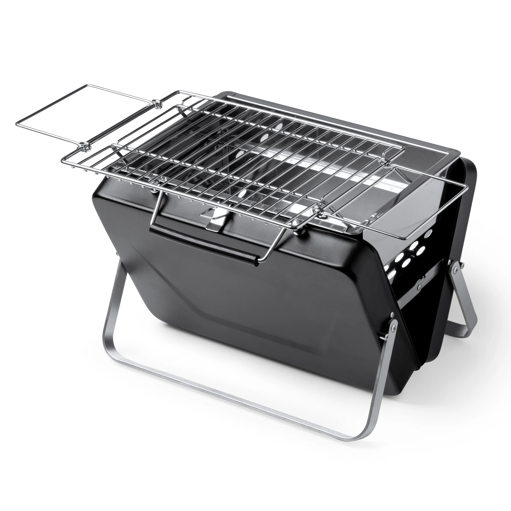Barbacoa portátil para carbón realizada en acero inoxidable. Ideal para llevar en coche, en la carabana o el barco. Se pliega en formato maletín para hacer más fácil su transporte.
