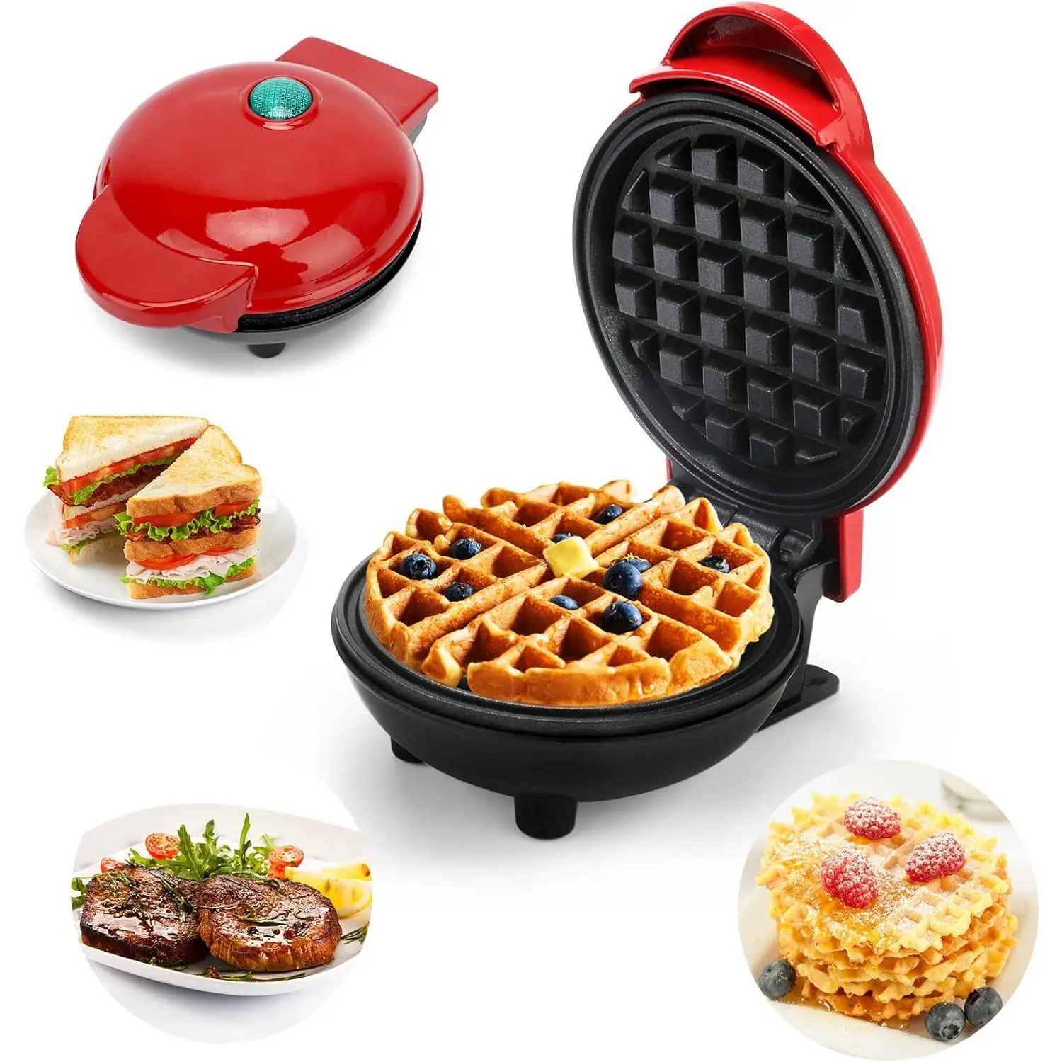 Mini Gofrera Individual 350W, Plancha de Gofres 10cm, Pequeños Gofrera con Revestimiento Antiadherente, Waffle maker para Gofres Clásicos, Paninis, Tortitas, Desayuno, Horneado DIY, para Navidad