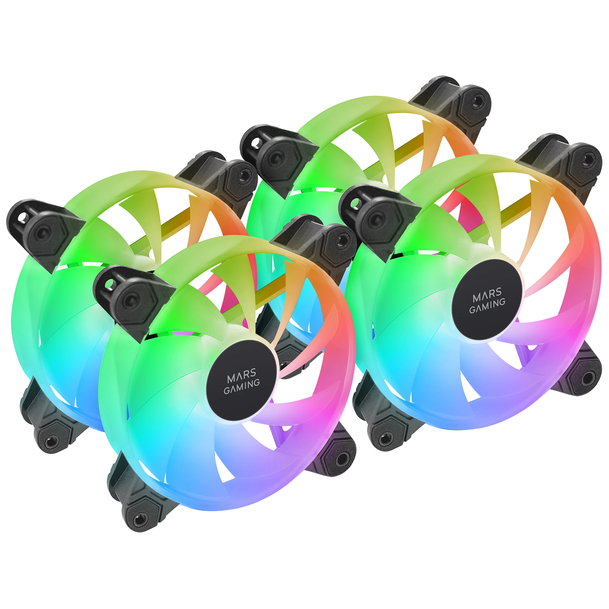 Mars Gaming MF-4A, Kit 4x Ventiladores 120mm ARGB, Iluminación 360° Sin Marco, RGB Direccionable 5V 3Pin, Efecto Rainbow Personalizable, Rodamientos FDB Ultrasilenciosos, Doble Conector, Ventiladores
