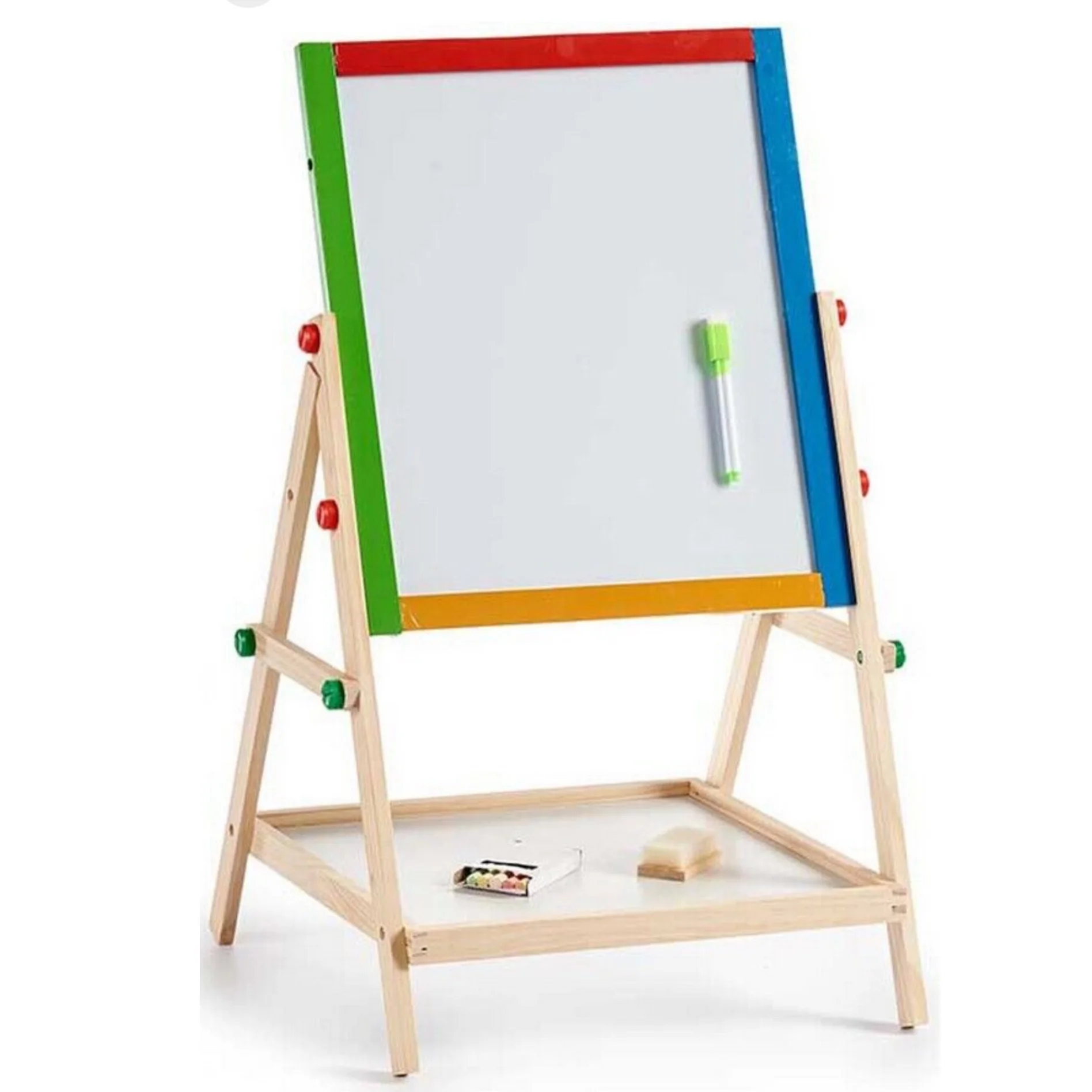 Lavagna per bambini bifacciale con cavalletto in legno – Lavagna bianca e nera con cornice colorata, include pennarello, gomma e gesso, altezza regolabile, ideale per bambini, giochi educativi e