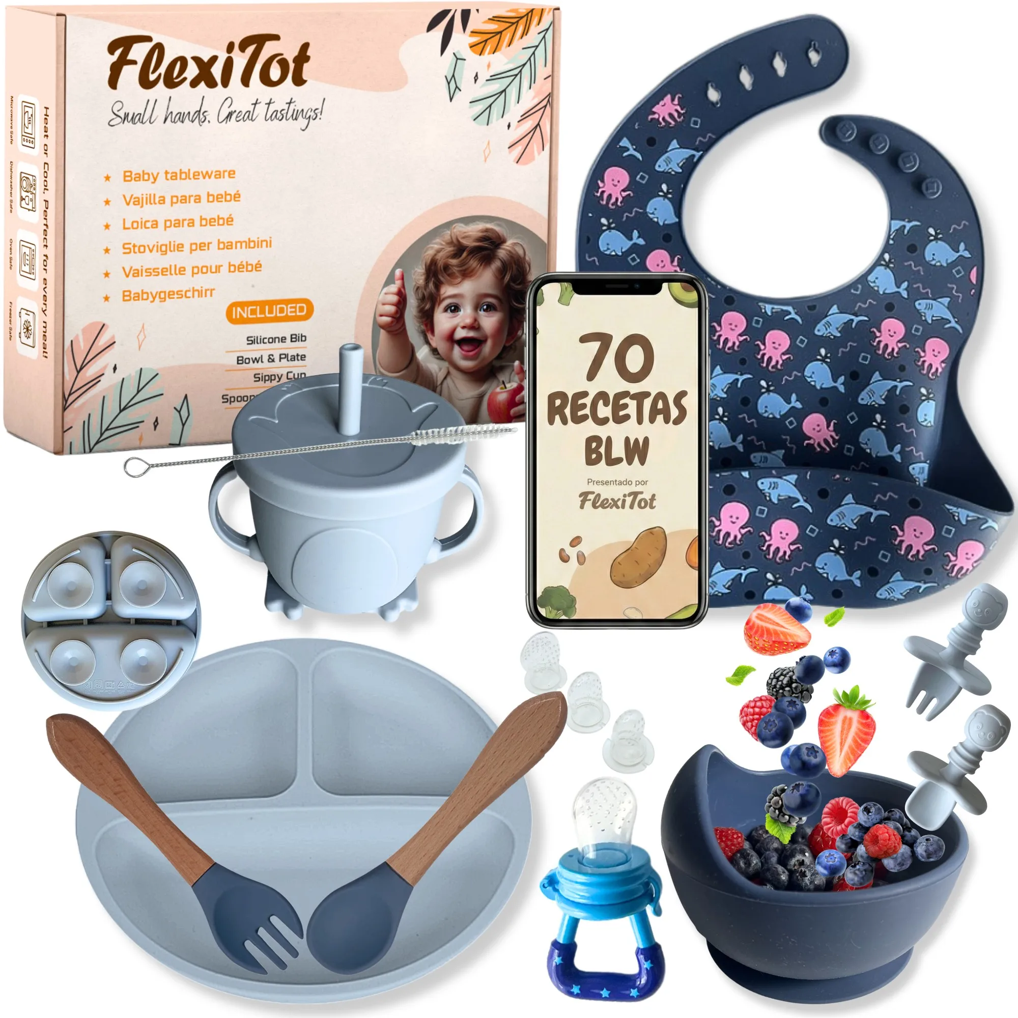 Bebé, Vajilla bebé silicona, vajilla infantil bebe| Guía Digital 70 recetas BLW | 2 Baberos con mangas, platos vajilla con ventosa, cosas para bebe, Regalo bebes recien nacidos, Azul