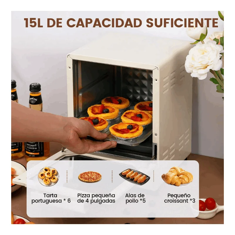 Mini vertical electric oven 15l multifunction with adjustable temperature, 60 min timer, convection and interior light