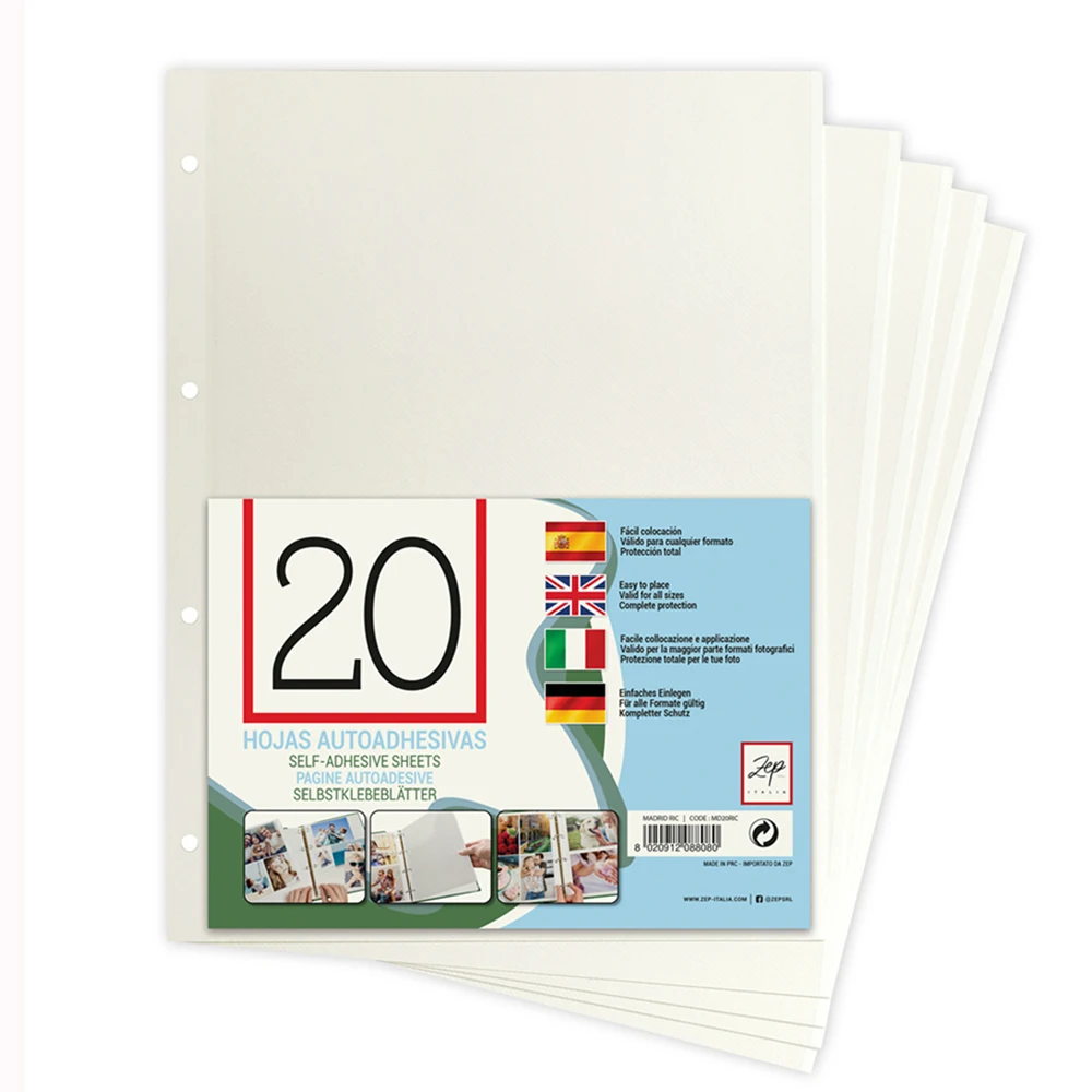 Zep 20 Hojas autoadhesivas Transparentes A4 para Álbum de Anillas, Fácil Colocación y Compa
