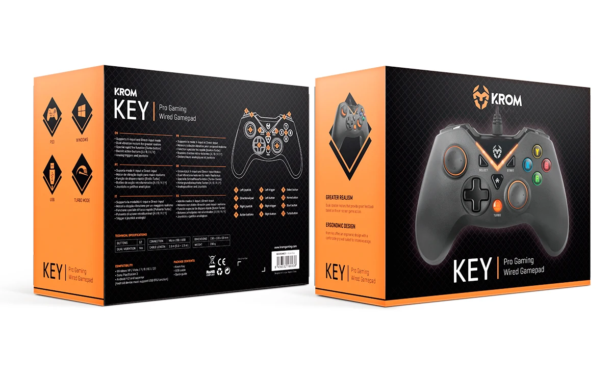 Krom key- wired gamepad, x-input and direct-input game modes, joystick and analog triggers, fast shooting turbo function, pc, play station 3 and android 4.2, black
