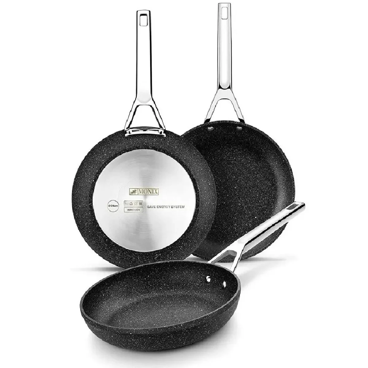 Monix Mineral 3 Pans Set, Lot 18, 22 and 26 cm, Forged Aluminum, Gas Cooker, Induction Glass Ceramic, Rough Texture