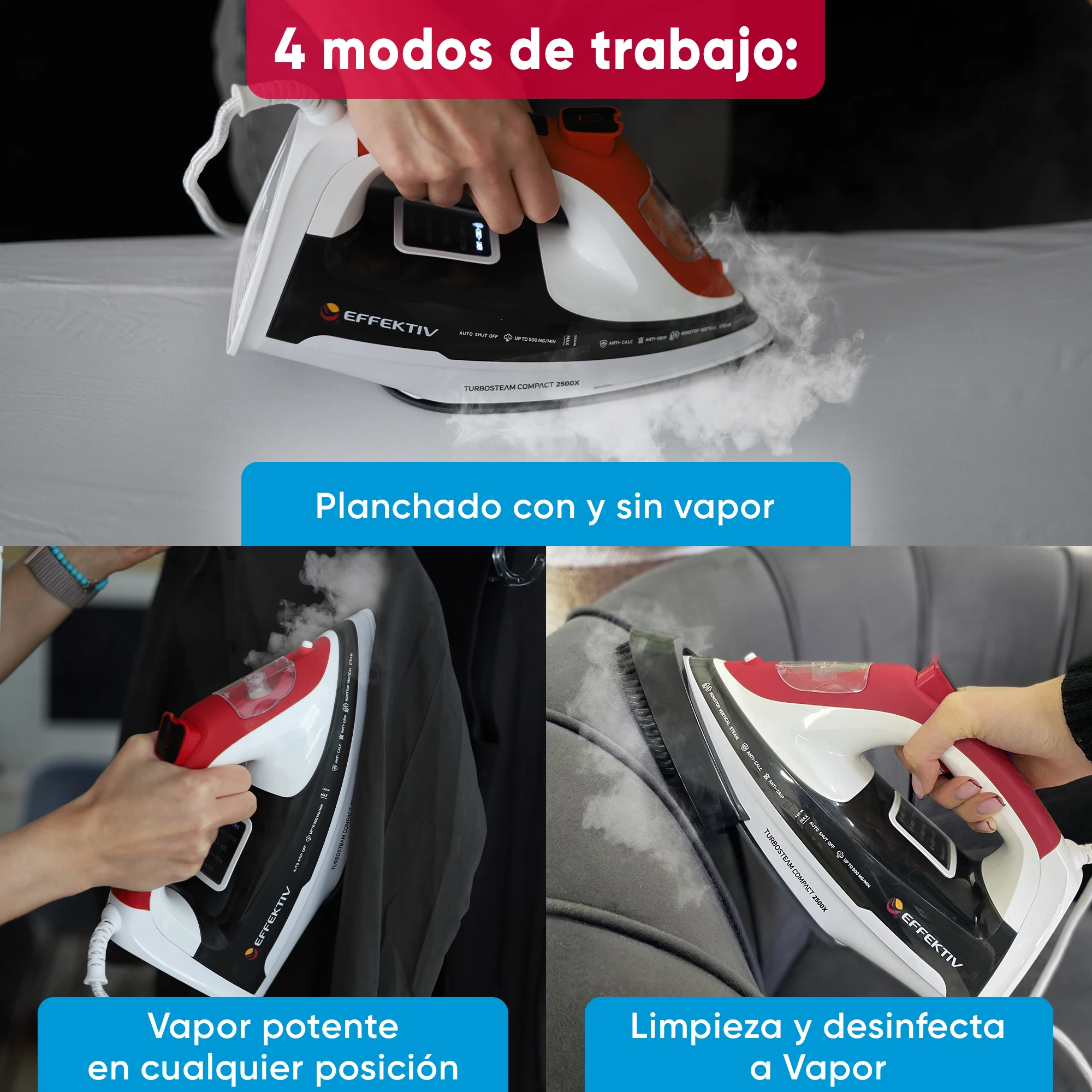 EFFEKTIV - Steam Iron 2500 X, a versatile 3-in-1 iron with ceramic soleplate, 2800W power, 5 modes including vertical steam, 990 mg/sec continuous steam, and automatic shut-off for safety, ideal for all fabric types.