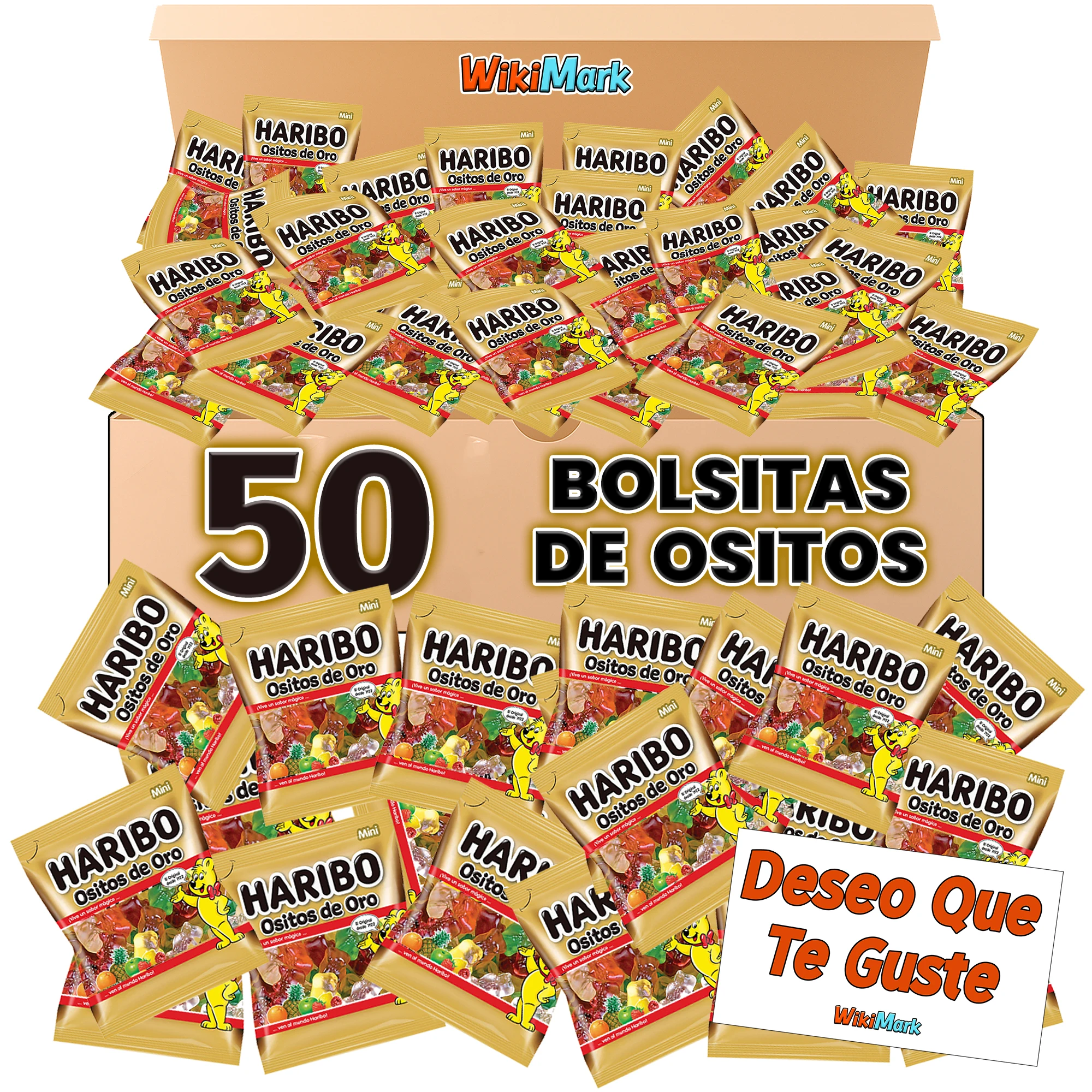 Lot of 50 mini haribo golden bear bags with wikimark card "i wish you like it". Bags of haribo jelly beans perfect for giving as a gift for birthdays, halloween, communions or christmas.