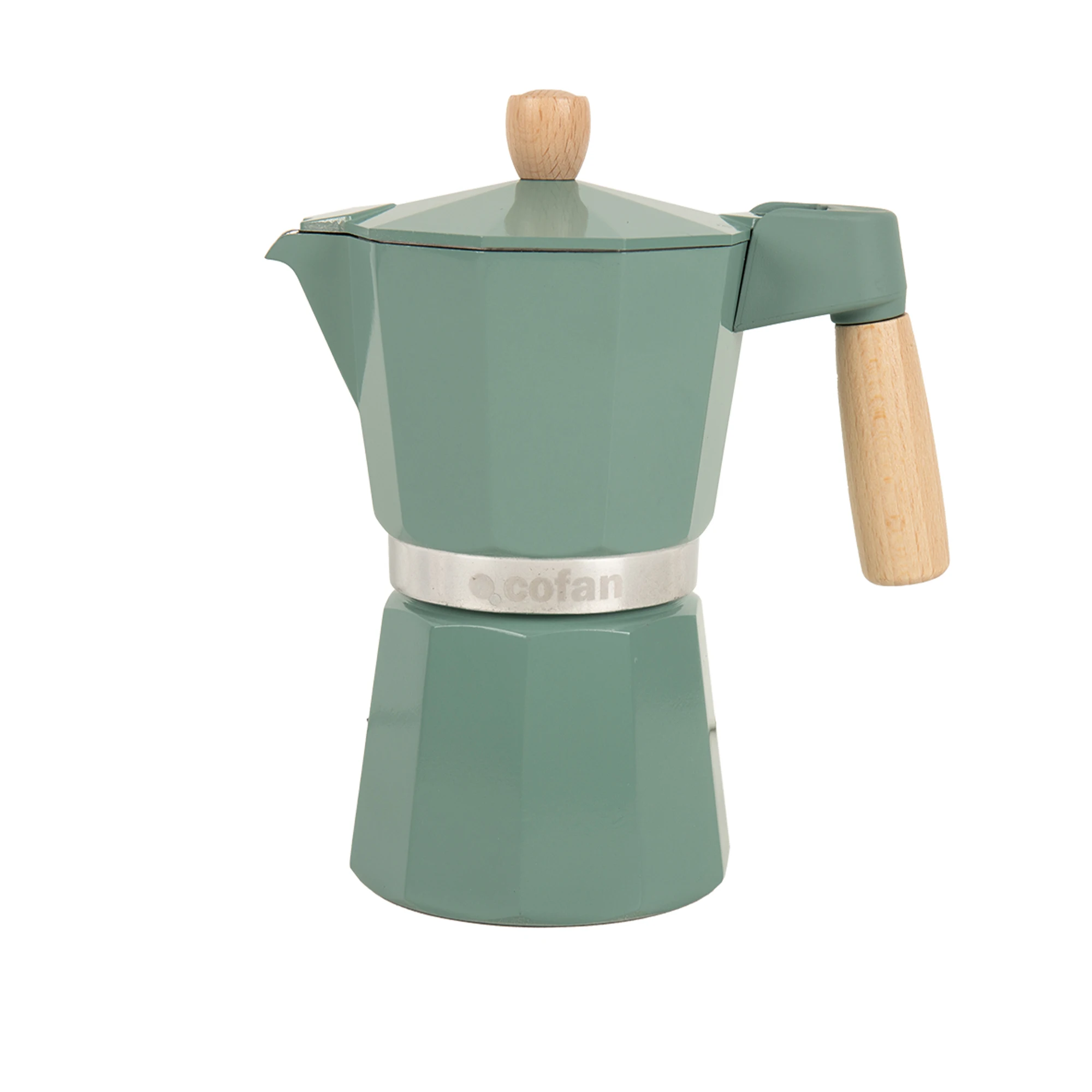 Cofan Cafetera italiana inducción | Capacidad: 6 tazas | Material: cuerpo de aluminio | Apta para todo tipo de fuegos | Color: verde | Mango y tirador de madera