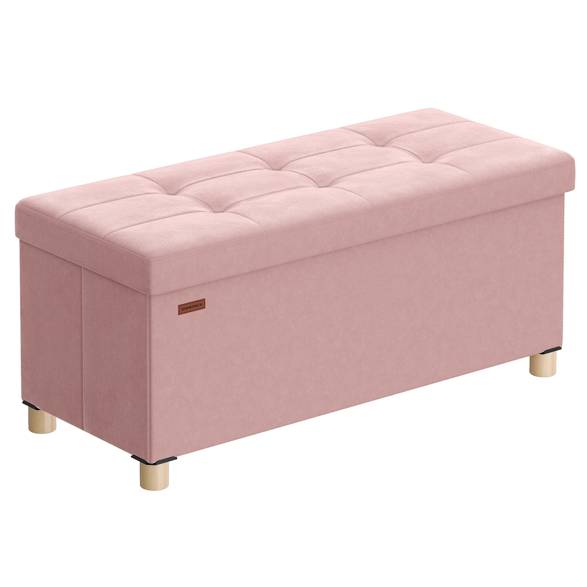 SONGMICS Pouf contenitore piccolo, panca pieghevole, 38 x 76 x 38,5 cm, poggiapiedi, 77 L, superficie in velluto, per camera da letto, soggiorno, dormitorio, rosa gelatina/beige cappuccino