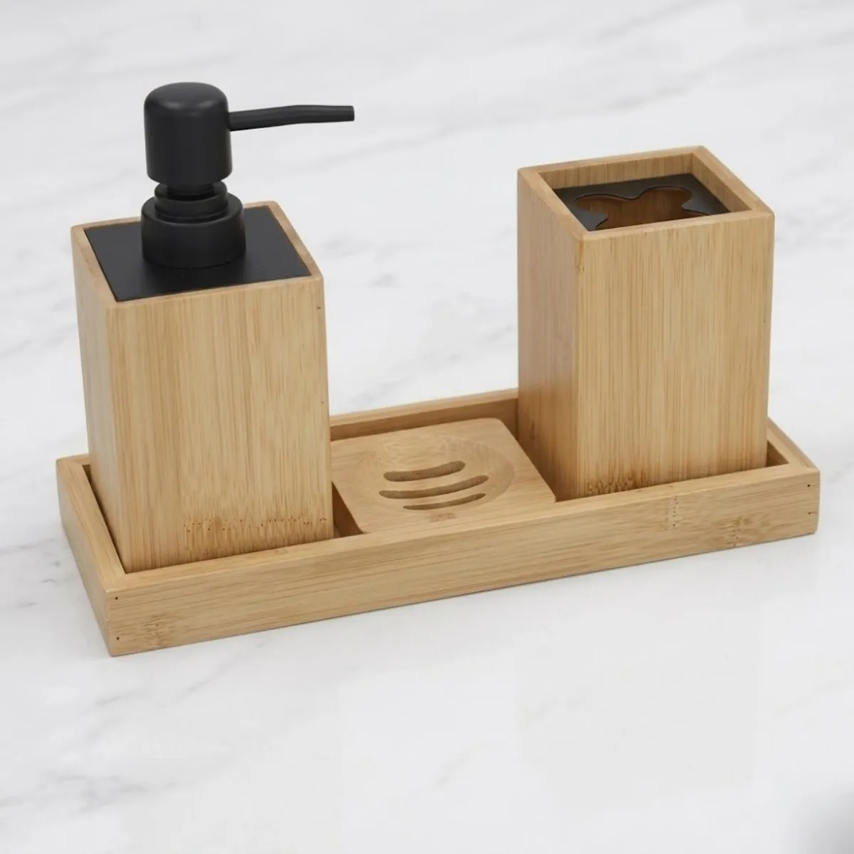 ZYLX SHOPPING - Set de Baño de Bambú de 4 Piezas - Organizador de Baño Moderno (25x9x17 cm)