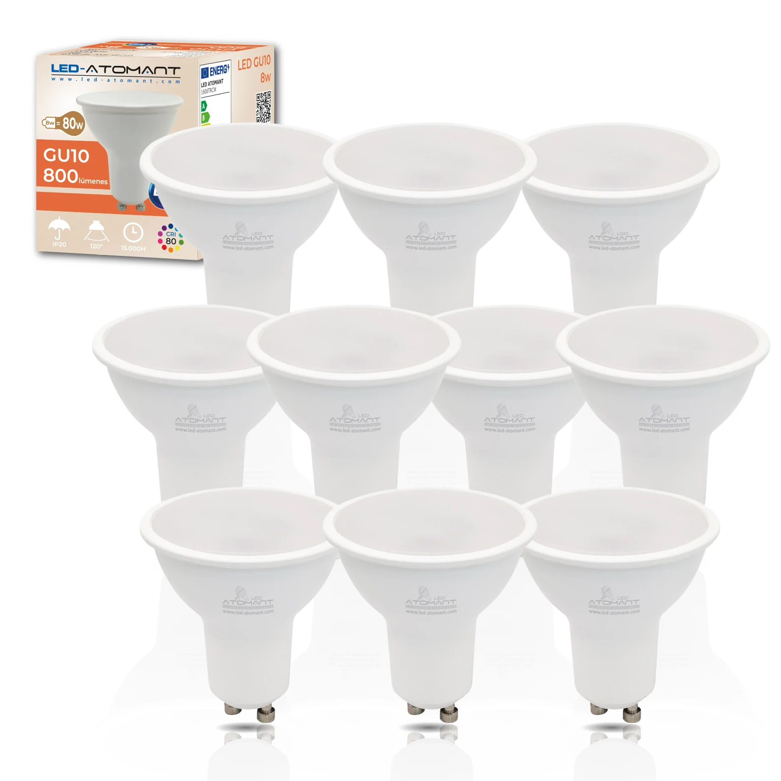 LED ATOMANT Bombilla LED GU10 8W, 800 Lúmenes, Equivalente a Halógeno de 80W, Bajo Consumo, Luz Potente y Clara, Ideal para Cocinas, Baños o Zonas de Trabajo, Encendido Instantáneo, Larga Duración y Alta Eficiencia Energética