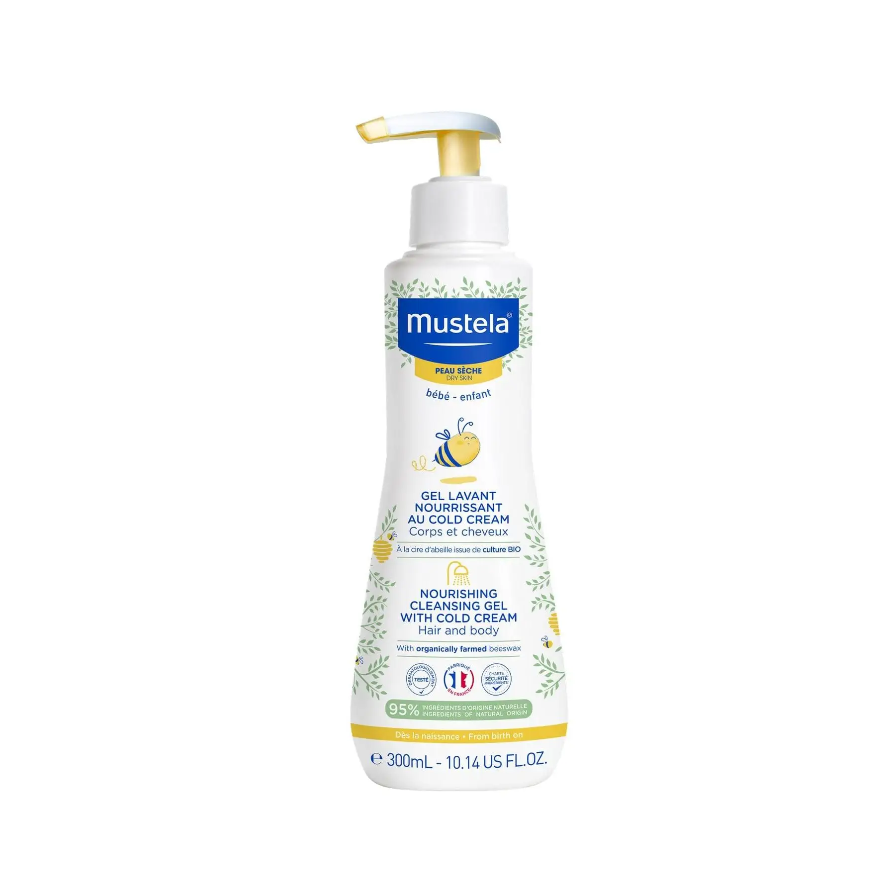 Mustela Gel Limpiador Nutritivo CC, Crema Fría Natural, Cuerpo y Cabello, Bebé y Toda la Familia - Limpiador Diario, Específico para Pieles Secas, 95% Ingredientes de Origen Natural (300ml)