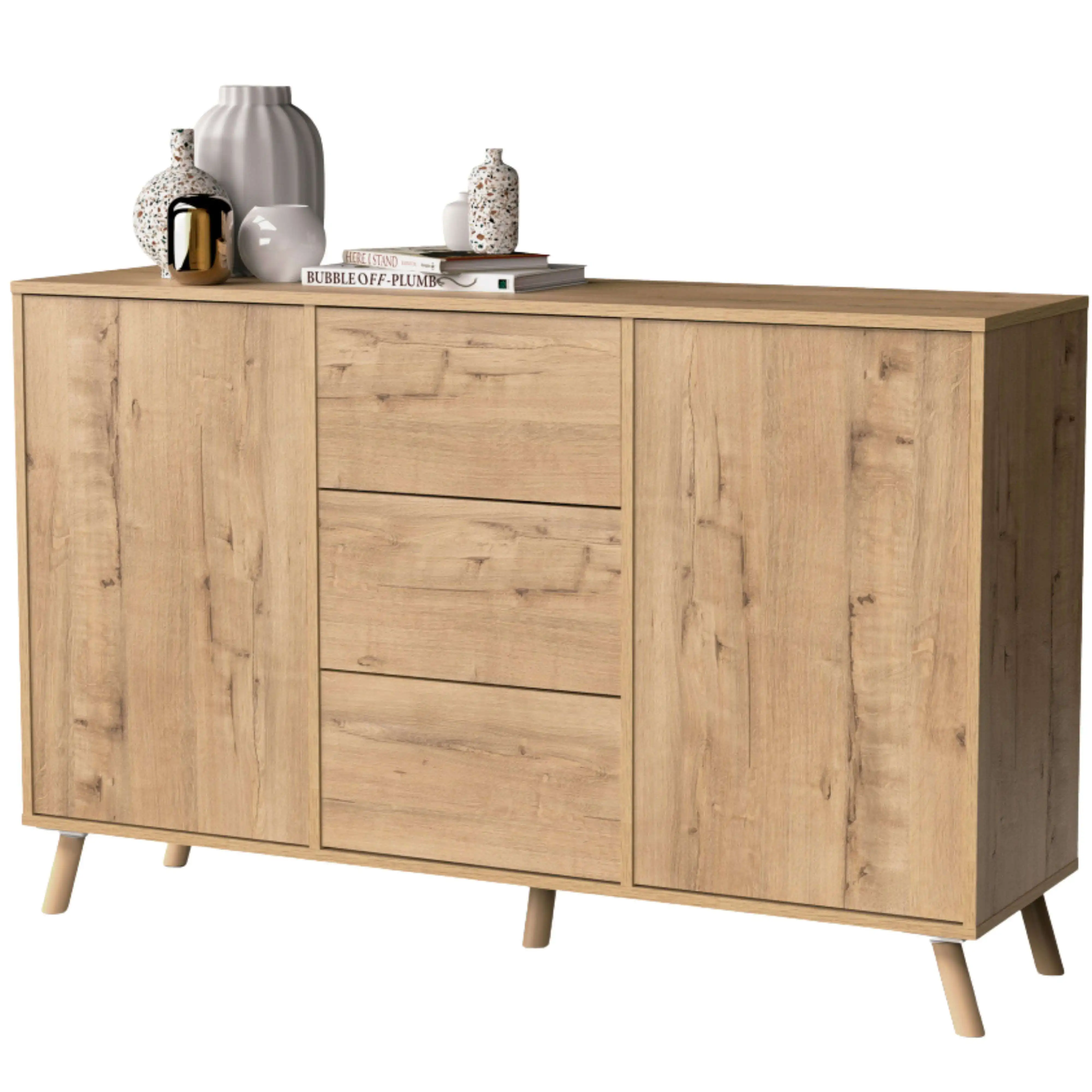 Miroytengo Aparador Oslo Roble Gold 3 Cajones y 2 Puertas con Apertura Push en Puertas y Cajones Roble Gold 140cm