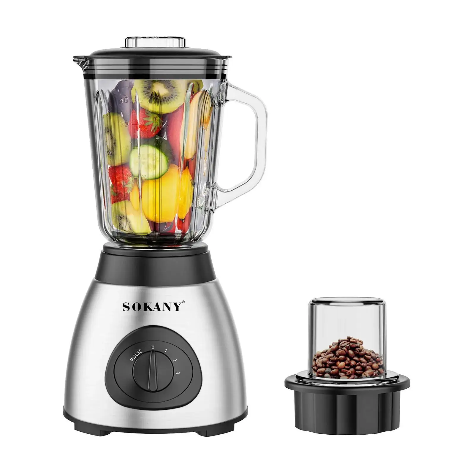 2 en 1, Batidora+molinillo, batidora vaso de cristal 400 W, con función pica hielos, 3 velocidades, limpieza fácil y jarra de cristal termoresistente de 1.5 L, para preparar cafe molino, batido, zumo, gazpacho, salmorejo, sopa en casa.