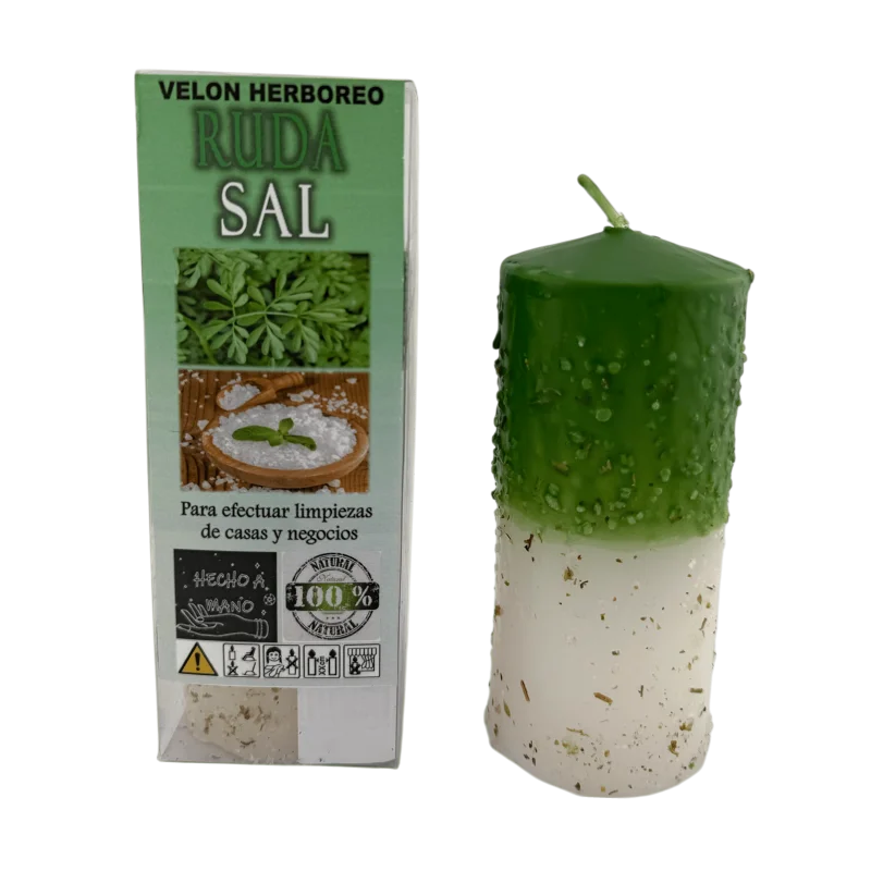 Herbaceous Candle Ruda and Salt - HOSTENATURA 14x6cm for energy cleansing of homes and businesses, crafted with natural herbs and salt for purifying and protection against negative energies. #1