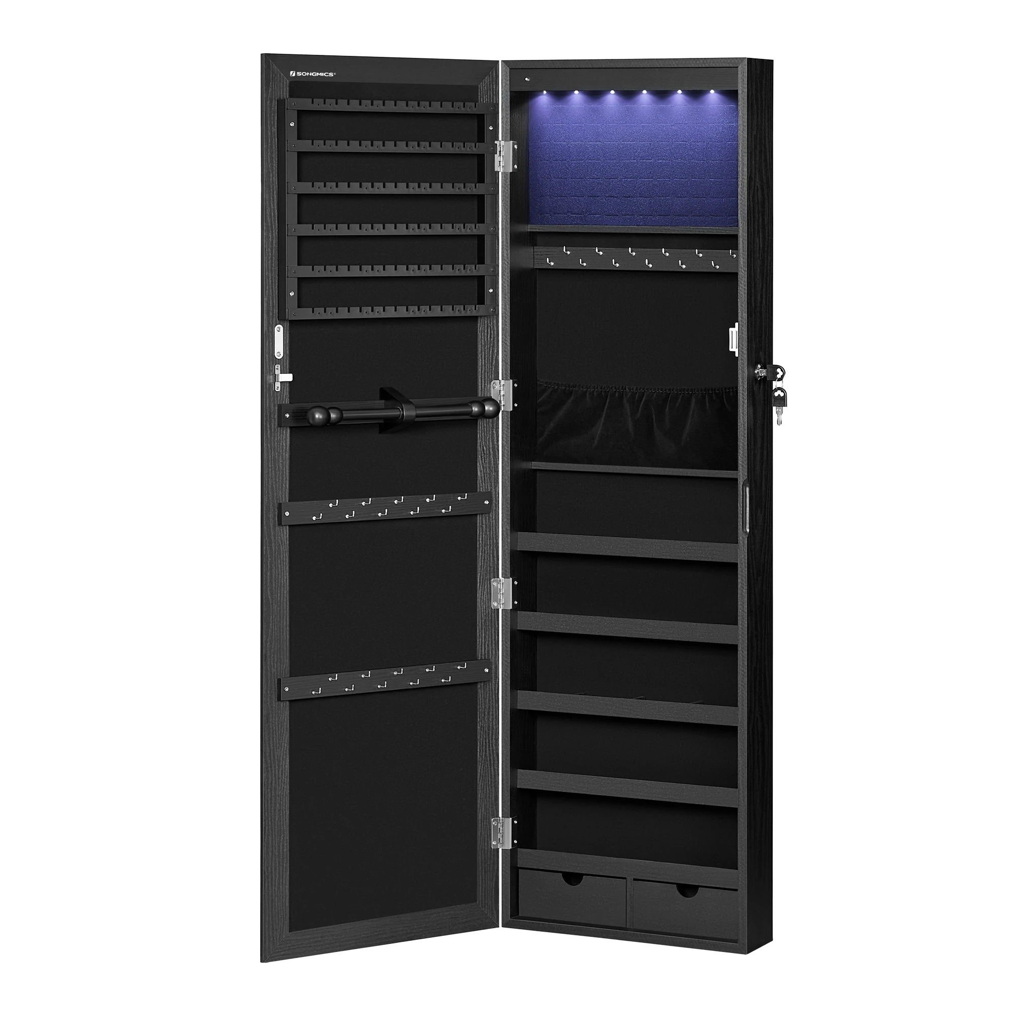 SONGMICS Armario para Joyas, Espejo Joyero de Pared, con Luces LED y Cierre, Organizador de para Pendiente, Collar, Espejo y Varios Compartimentos, Negro/Roble/Superficie Blanca y Forro Gris/Blanco/Marrón Rústico