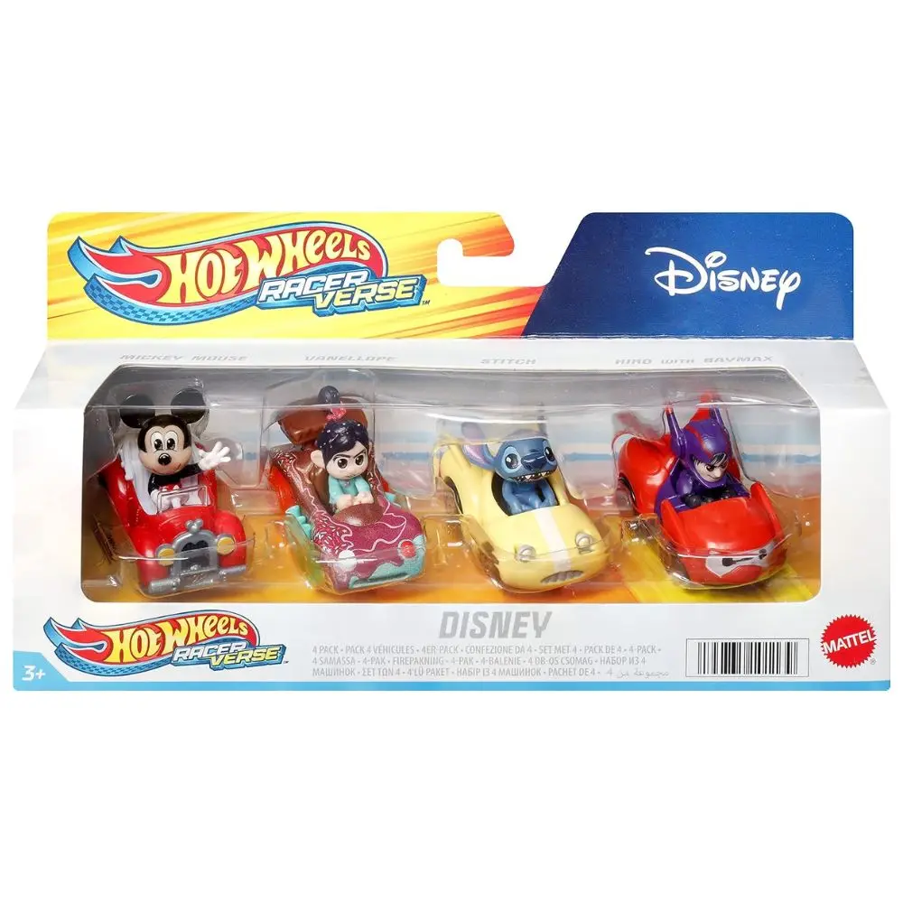 Pack 4 coches Disney con mini figuras de Stitch, Mickey Mouse, Hiro y Vanellope Mattel Hot Wheels escala 1/64