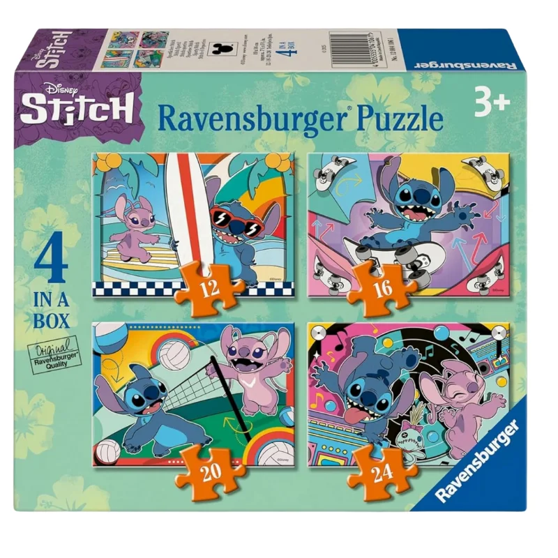 RAVENSBURGER 4 PUZLES PROGRESIVOS DE DISNEY STITCH 12/16/20/24 PIEZAS, 04106, TIENDA CON LICENCIA OFICIAL