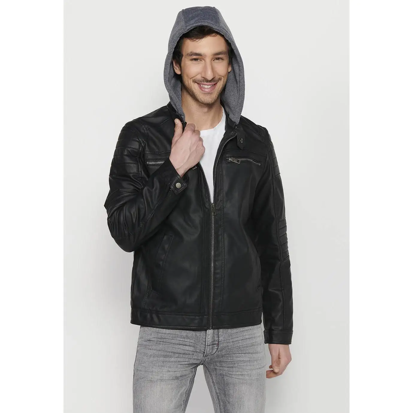 Koroshi - Chaqueta biker efecto piel con capucha desmontable para hombre, estilo urbano versátil en negro y crudo