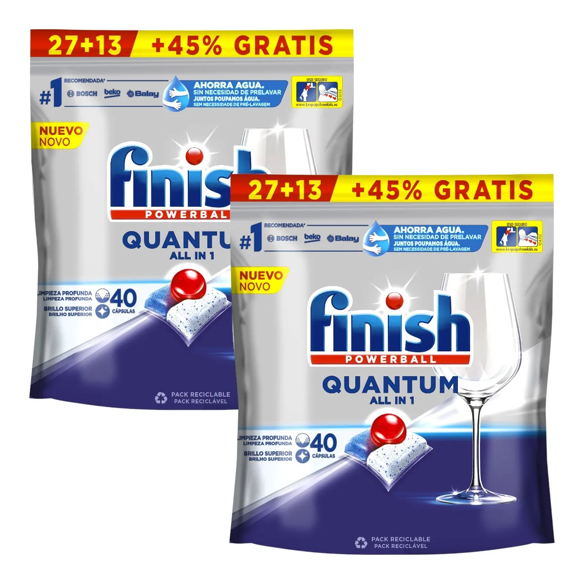 Finish Pack of 2 dishwasher bags Powerball Quantum All in 1 special format of 40 capsules dishwasher machine in capsules removes dirt and grease with fresh aroma (80 capsules in total)