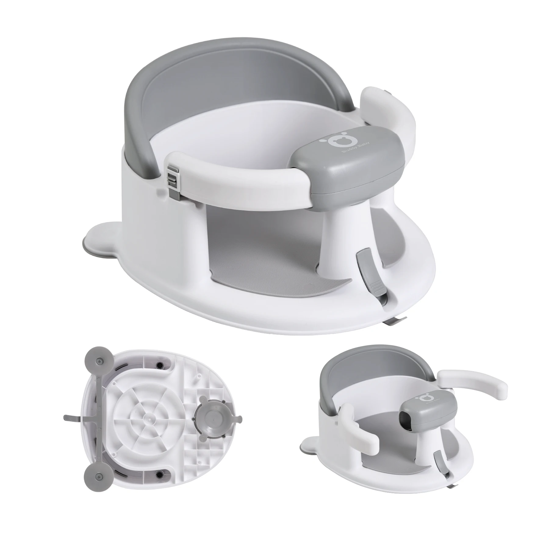 Buddy Baby - Asiento de Baño AquaBebe - Desde 6 meses - Base antideslizante 3 ventosas - Barrera antivuelco - Abertura para fácil colocación - Plancha antideslizante flexible - Ideal ducha y bañera