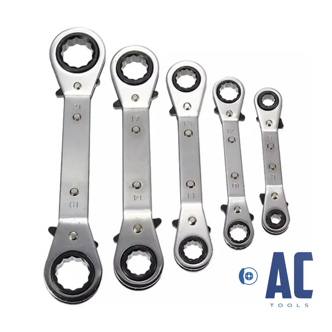 AC Tools Juego de llaves fijas con carraca doble curva 5 unidades medidas 6 8 10 12 11 13 14 17 19