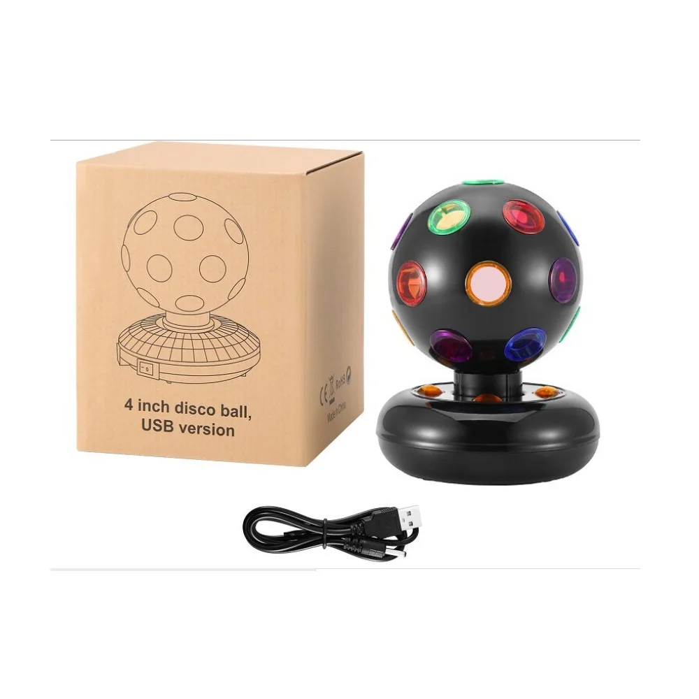 Bola de Discoteca Giratoria. de 4 Pulgadas. Luz LED que Ilumina de Manera Divertida. Práctica y Ligera. Funciona con Baterías AA y Mediante USB