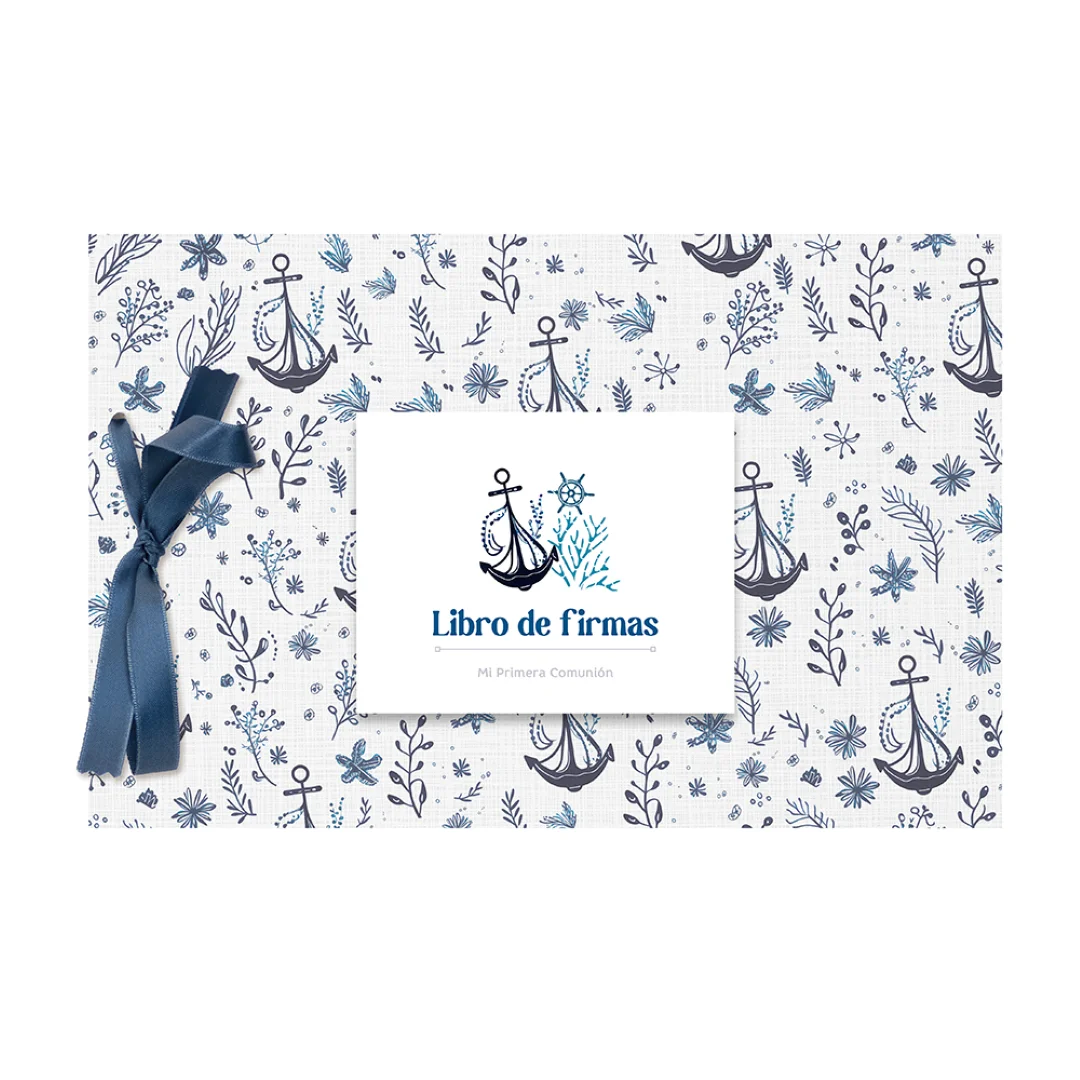 Demark-Libro de Firmas Comunión Demark 30x20 cm - Álbum Marinero con Lazo y Papel Perlado 250g - Diseño Anclas para Niña/Niño - 10 o 20 Hojas Blancas - Modelo LF236