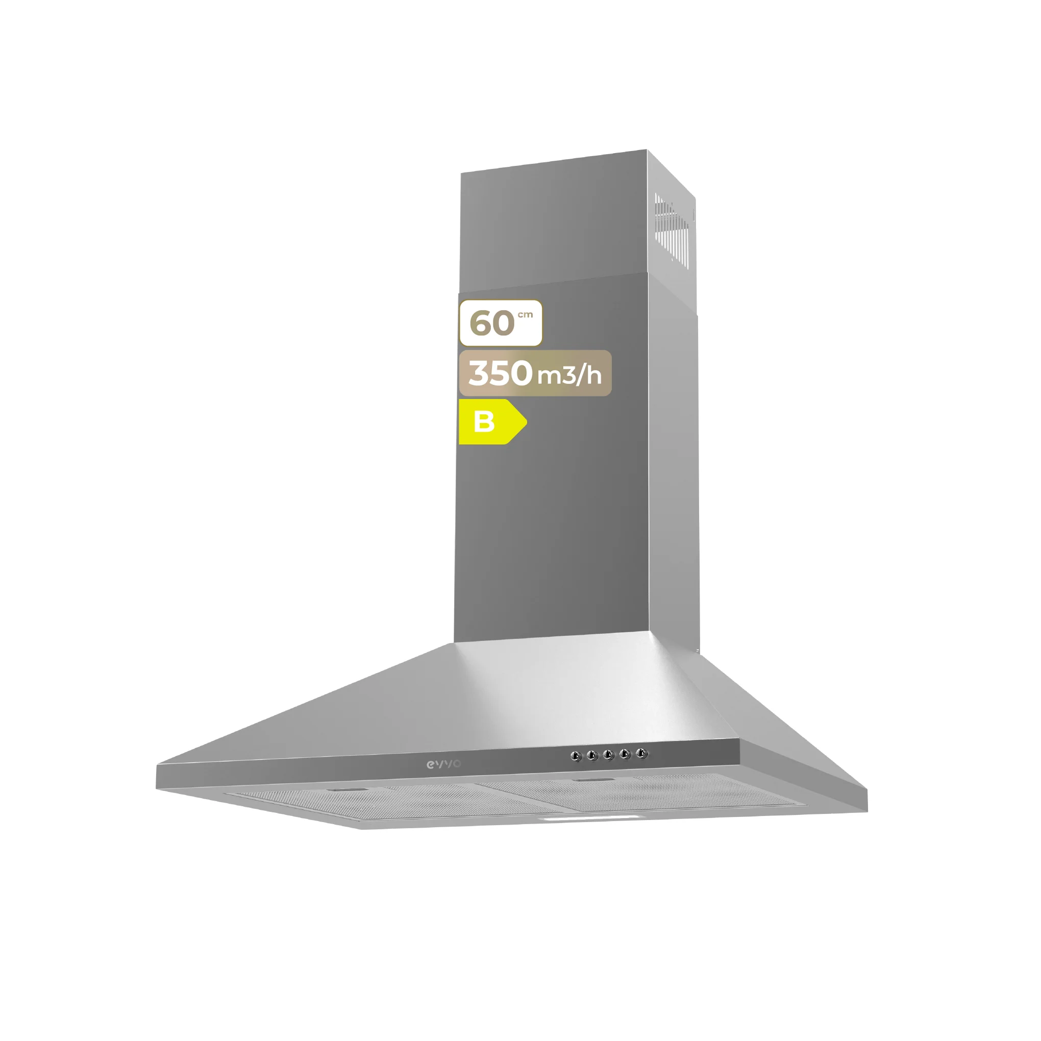 Evvo ce20 pyramid extractor hood, width 60 cm, power 350 m3/h, 3 speeds, carbon and aluminum filter stainless steel finish