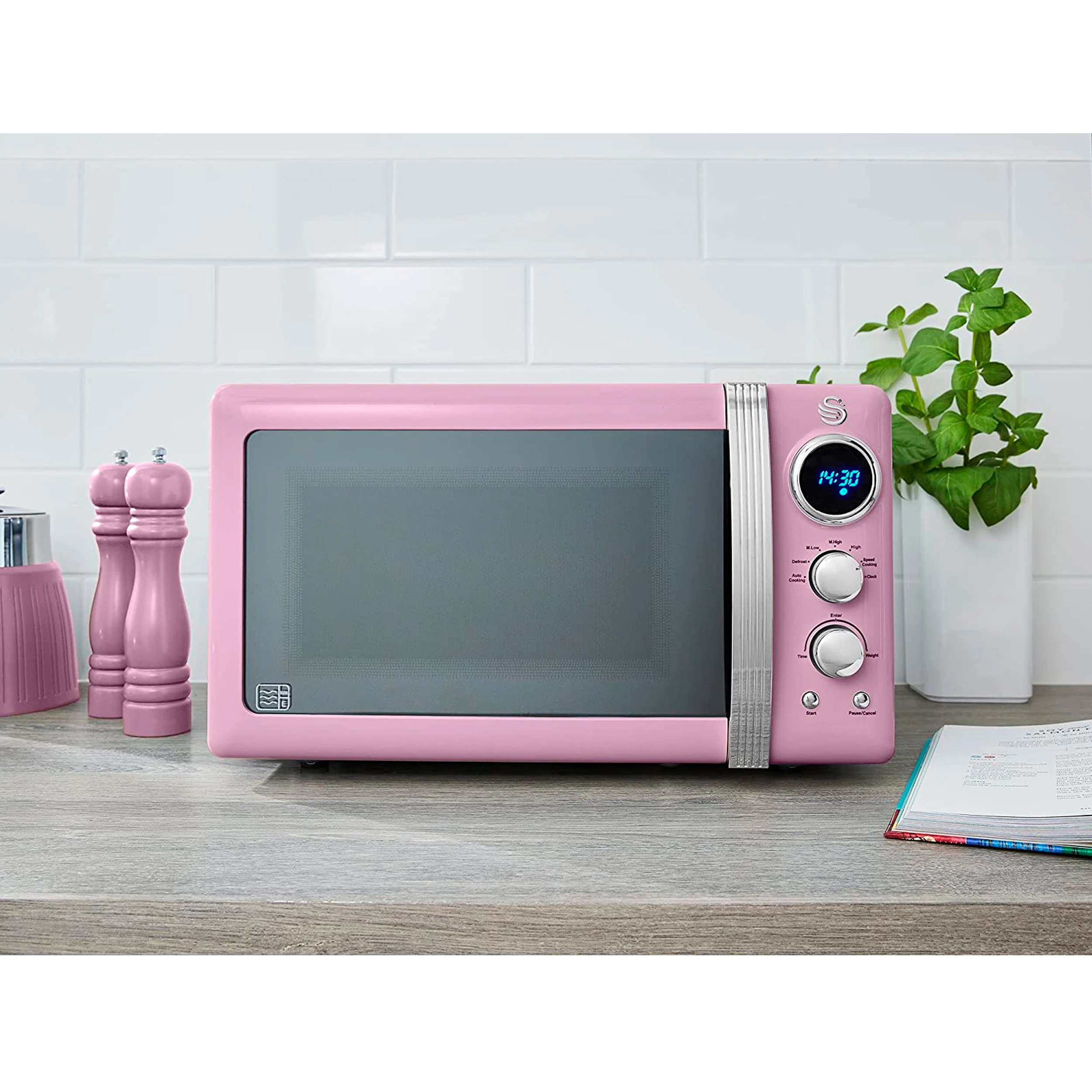Swan sm22030lpneu retro digital microwave 20l, 5 power levels, defrosting function timer 60 min, 800w, pink