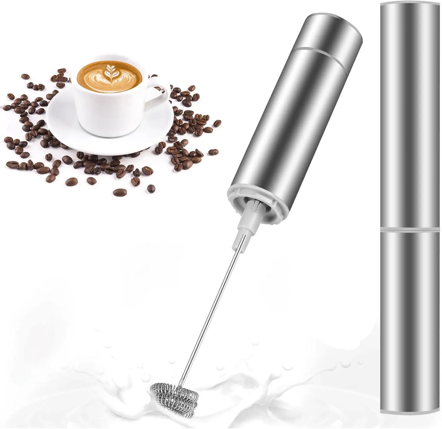 Espumador de Leche Eléctrico, USB Recargable Batidor de leche de Acero Inoxidable con Cabezal Doble/Simple y Batidor de Globo, Mini Batidora para Huevos Cafe Latte Cappuccino (USB)