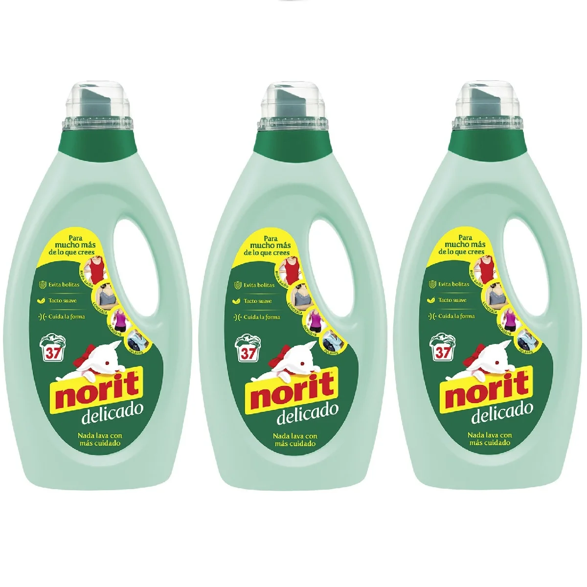 Norit Delicado Verde 1.125ml 37 Lavados (Pack 3 uds) - Detergente Líquido para lavado a Máquina, Cuida las Prendas Delicadas, Previene las Bolitas, Evita la Deformación y Mantiene su Elasticidad, Deja las Fibras Suaves, Esponjosas y Perfumadas