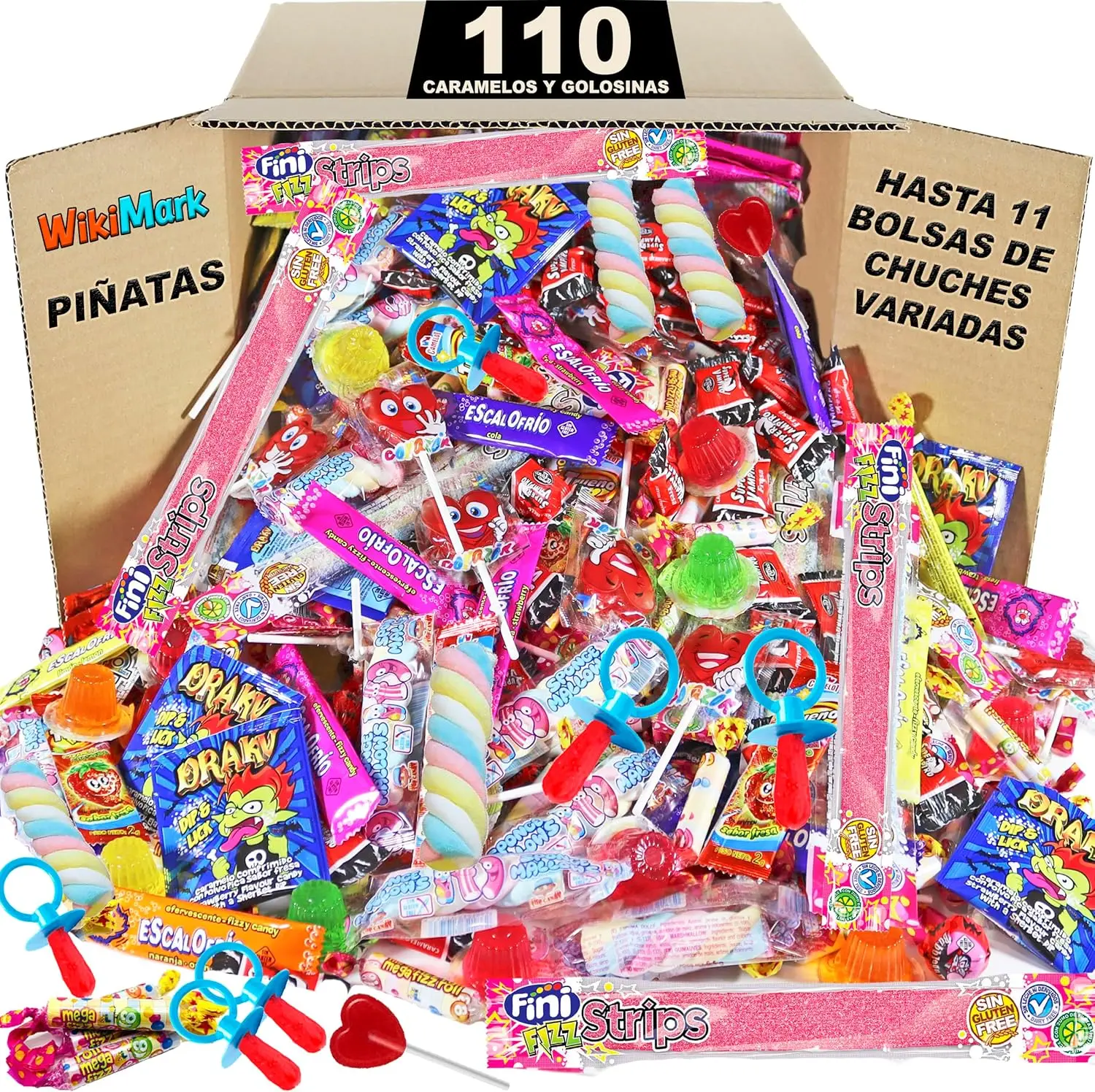 Mega Box 110 Sweets Filled with Piñata Without Allergens, Treats and Candies - Perfect for Birthdays, Parties, Christmas, Halloween. Gluten Free and Milk Free. Includes Strawberry Tongues. Wikimark