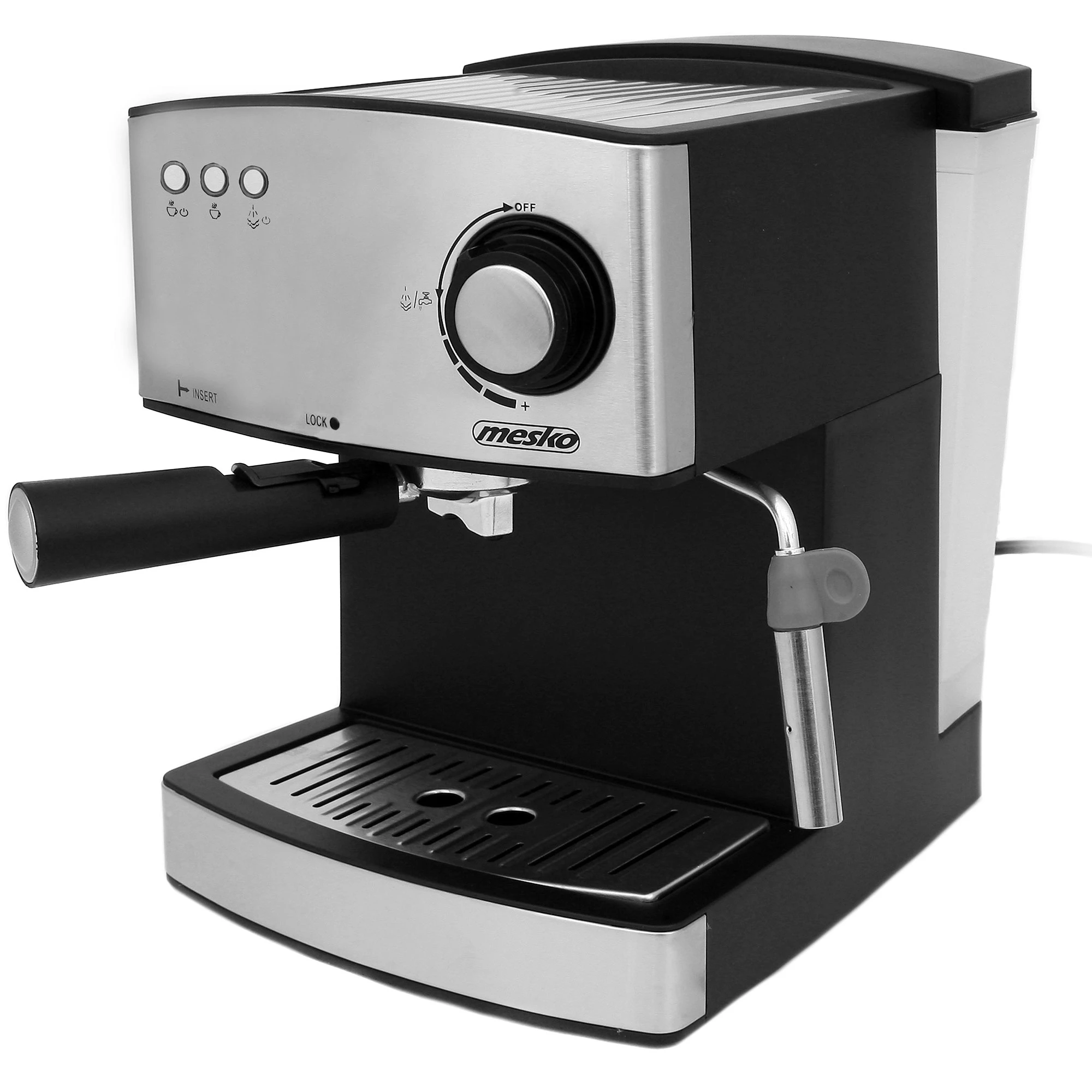 Mesko ms 4403 manual expresso coffee maker 15 bars 1.6 l, double exit arm, milk frother, mug warmer, 850w, silver