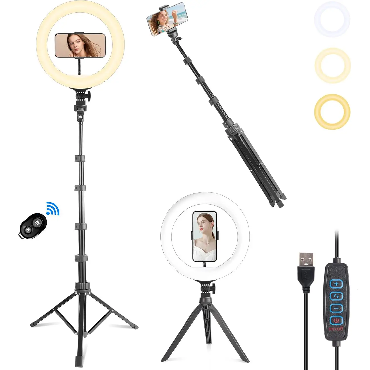 Version Aro de Luz Led 25cm con 2 Tripode, 1 Sobremesa y 1 de Pie, Anillo de Luz 12W con Mando Bluetooth para Control del Móvil, Ringlight con 3 pinzas para Movil,160cm Altura, Potencia y