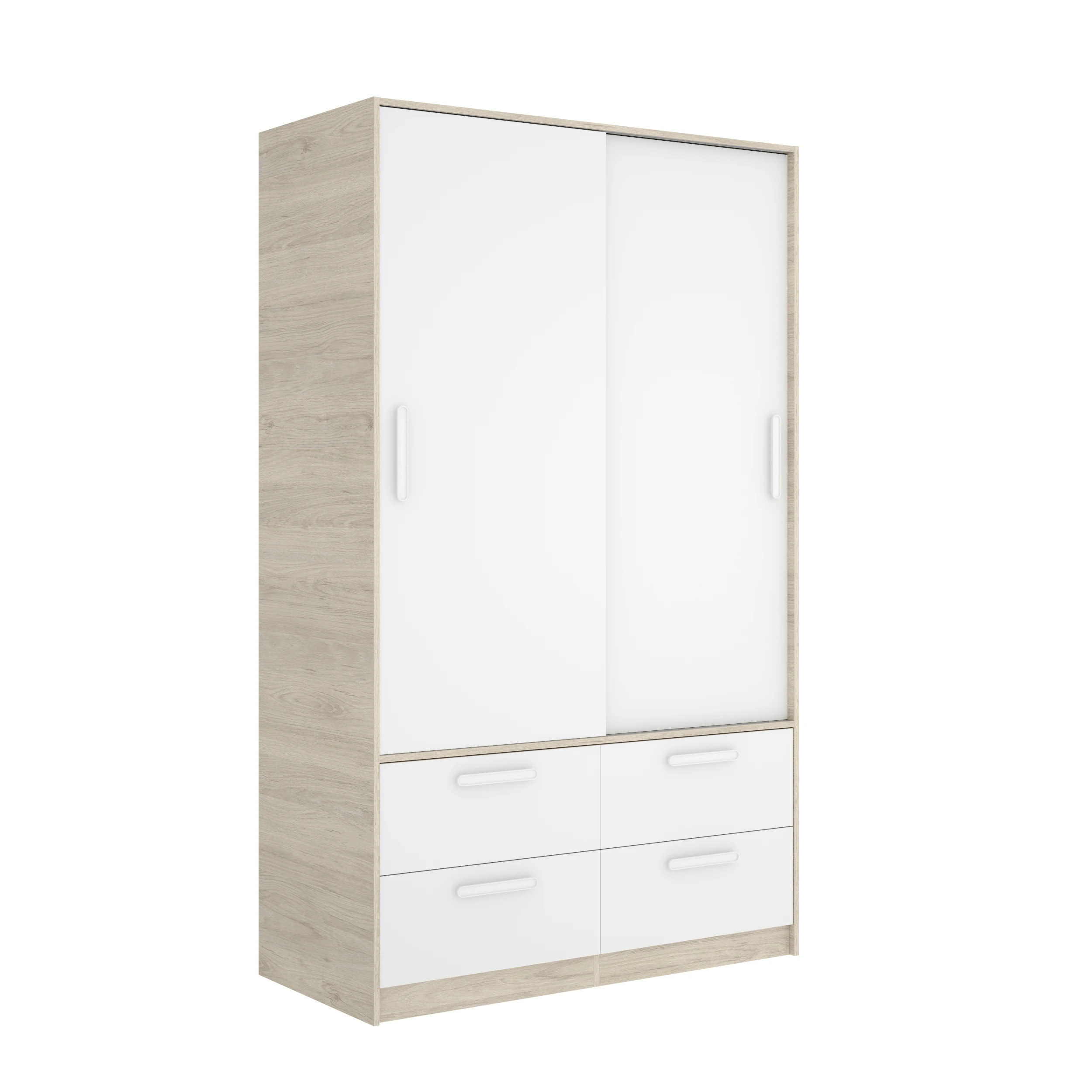 DEKIT - ARMARIO CON DOS PUERTAS CORREDERAS Y CUATRO CAJONES - 204 x 120 x 60 cm - BLANCO / NATURAL