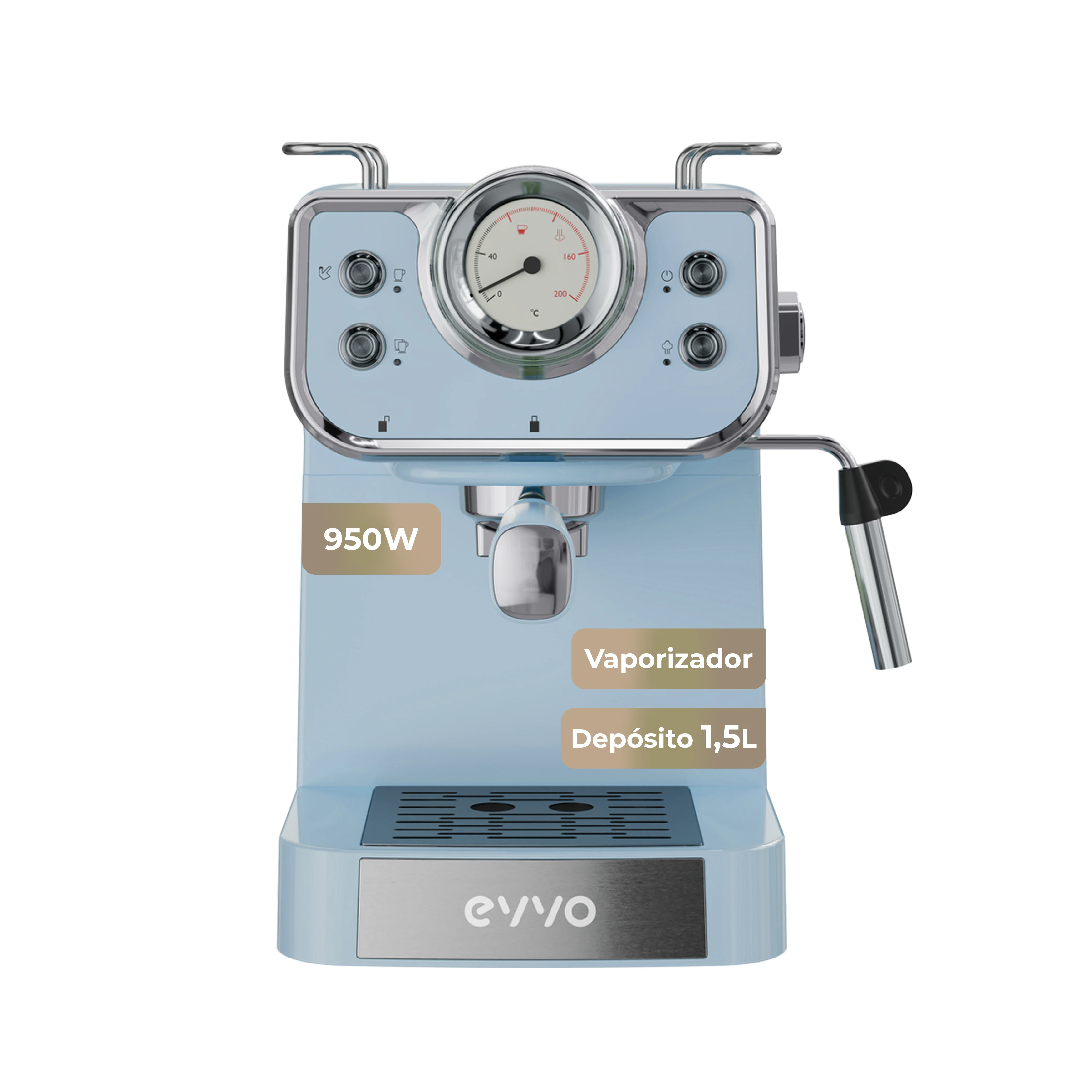 EVVO Cafetera Express Intensa Retro, 15 bares, cuerpo de acero, Espressos y Capuccinos, 950W, Doble salida, Depósito de 1,5 l