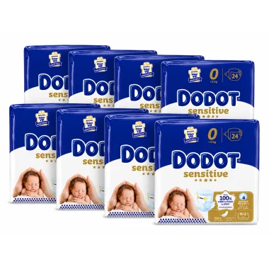 Pañales Dodot Sensitive Talla 0 Recién Nacido (0-3 kg) Pack Ahorro 192Unidades (8x24) – Suavidad Extrema + Barrera Stop Fugas