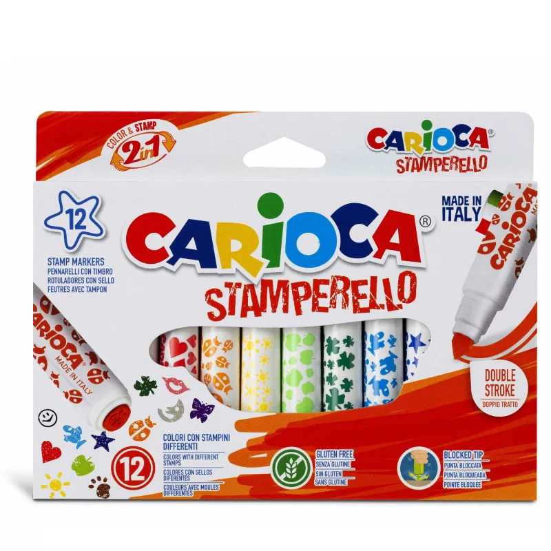 12 Pcts Stamperello Markers, 12 Pcts, Double Tip, Non-Toxic, Super Washable, Stamp Markers, 12 Different Patterns of Stamps Bottom, Great for Kids-CARIOCA Brand