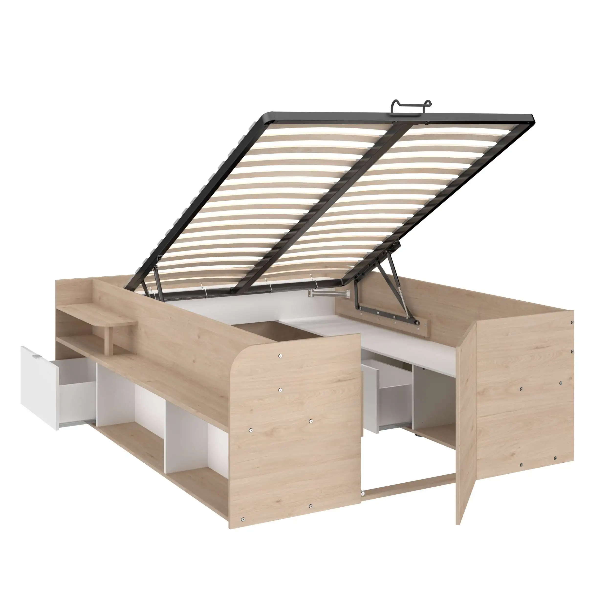 Cama Stratos Dormitorio Estilo Nórdico en Color Roble Jackson y Blanco con Base Elevable y Espacio de Almacenamiento 135/140x190/200 cm