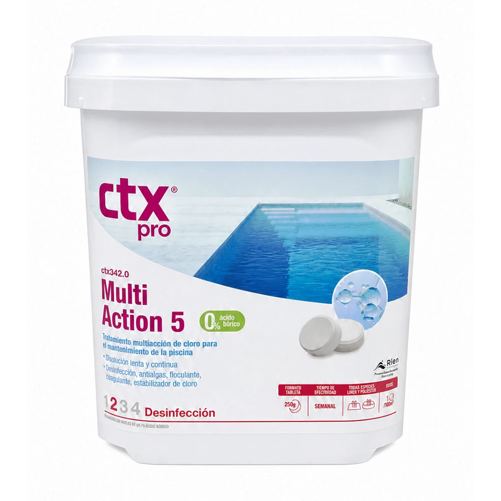 Cloro de piscina CTX Pro 342.0 Multi Action 5 en pastillas | Cloro sin cobre para todas las piscinas incluidas liner y poliéster | Tabletas Multiacción 250gr. 5kg