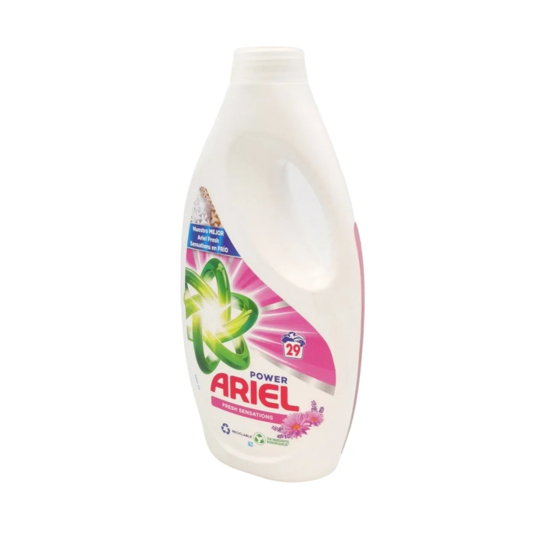 PACK saving 3 units ARIEL liquid detergent Fresh Sensations 29 washes each, pleasant aroma of Fresh flowers. For the machine washing of your clothes. Remove stains from sweat, grease and food, protecting the colors of your clothes. Save 3UD