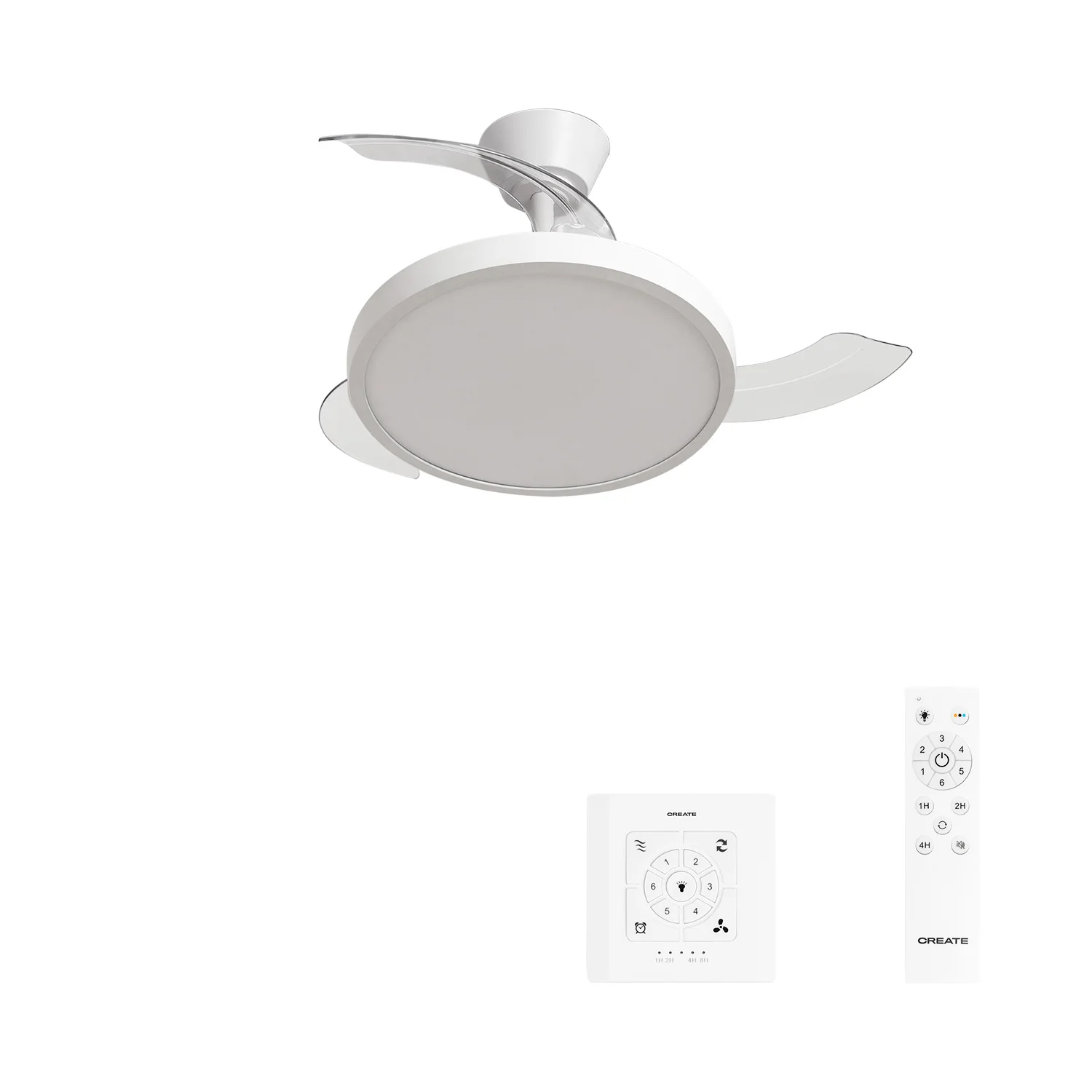 Create - 40w silent retractable blade ceiling fan with led light, with light, size ø91cm or ø108 cm - wind clear studio