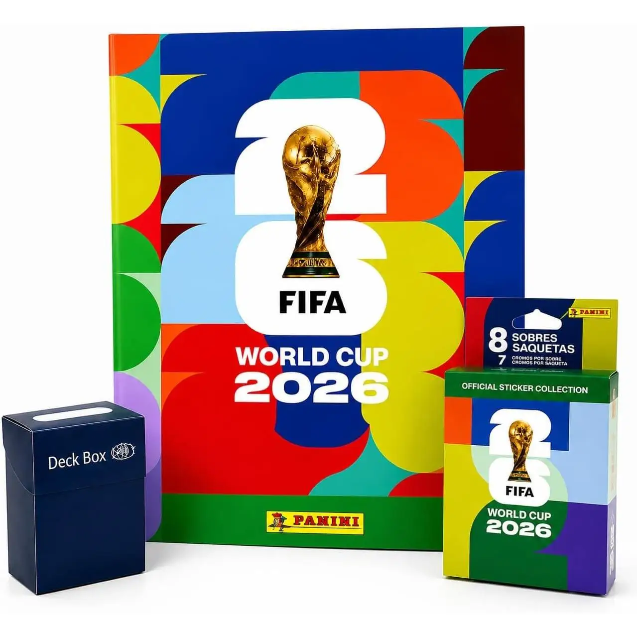 Pack Álbum y 8 sobres Oficial Mundial Panini FIFA World Cup 2026, (56 Cromos) y Deck Box de Regalo