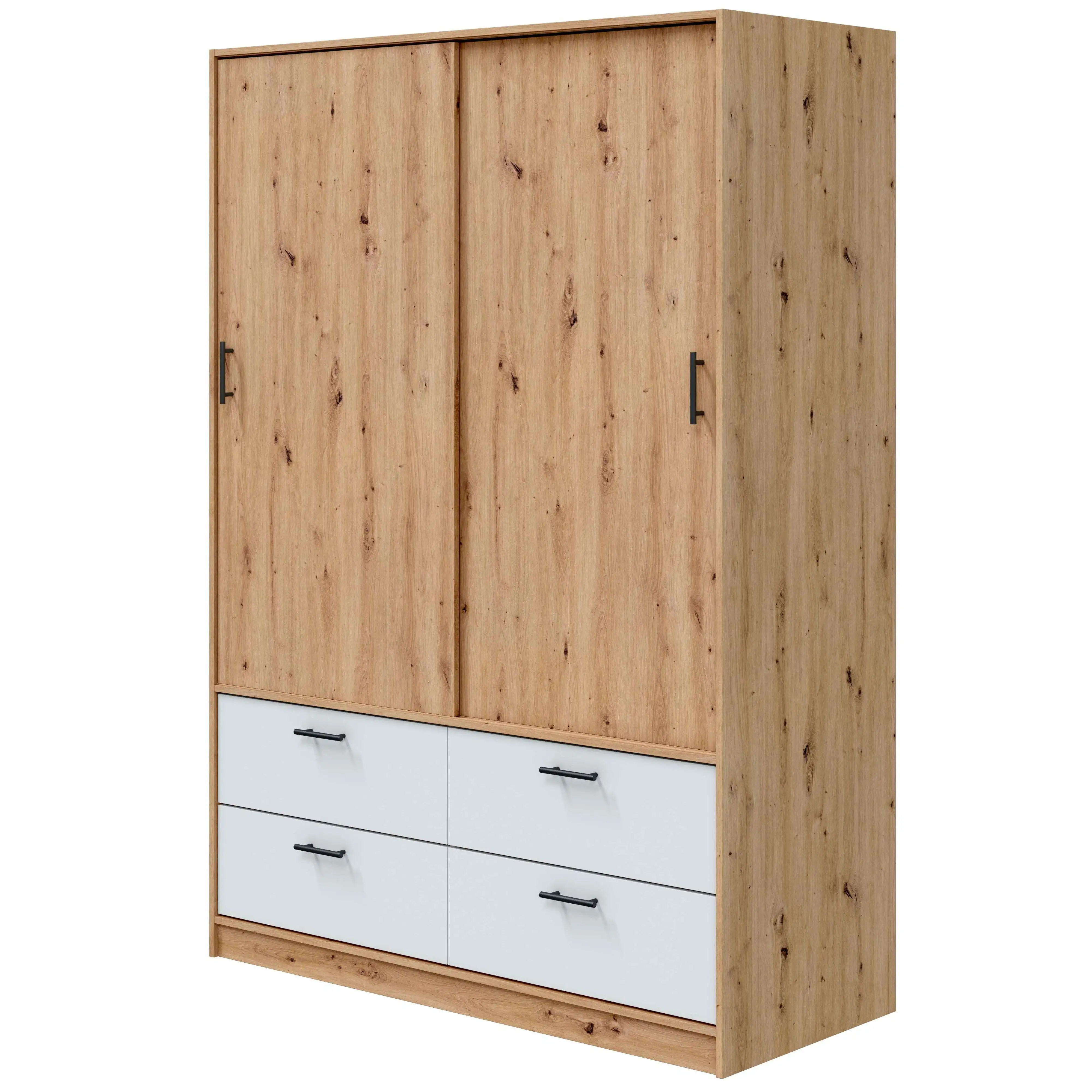 Miroytengo Armario 2 Puertas Correderas y 4 Cajones Lúmina Dormitorio o Habitación Blanco Artik y Roble Nodi 140x200x60 cm