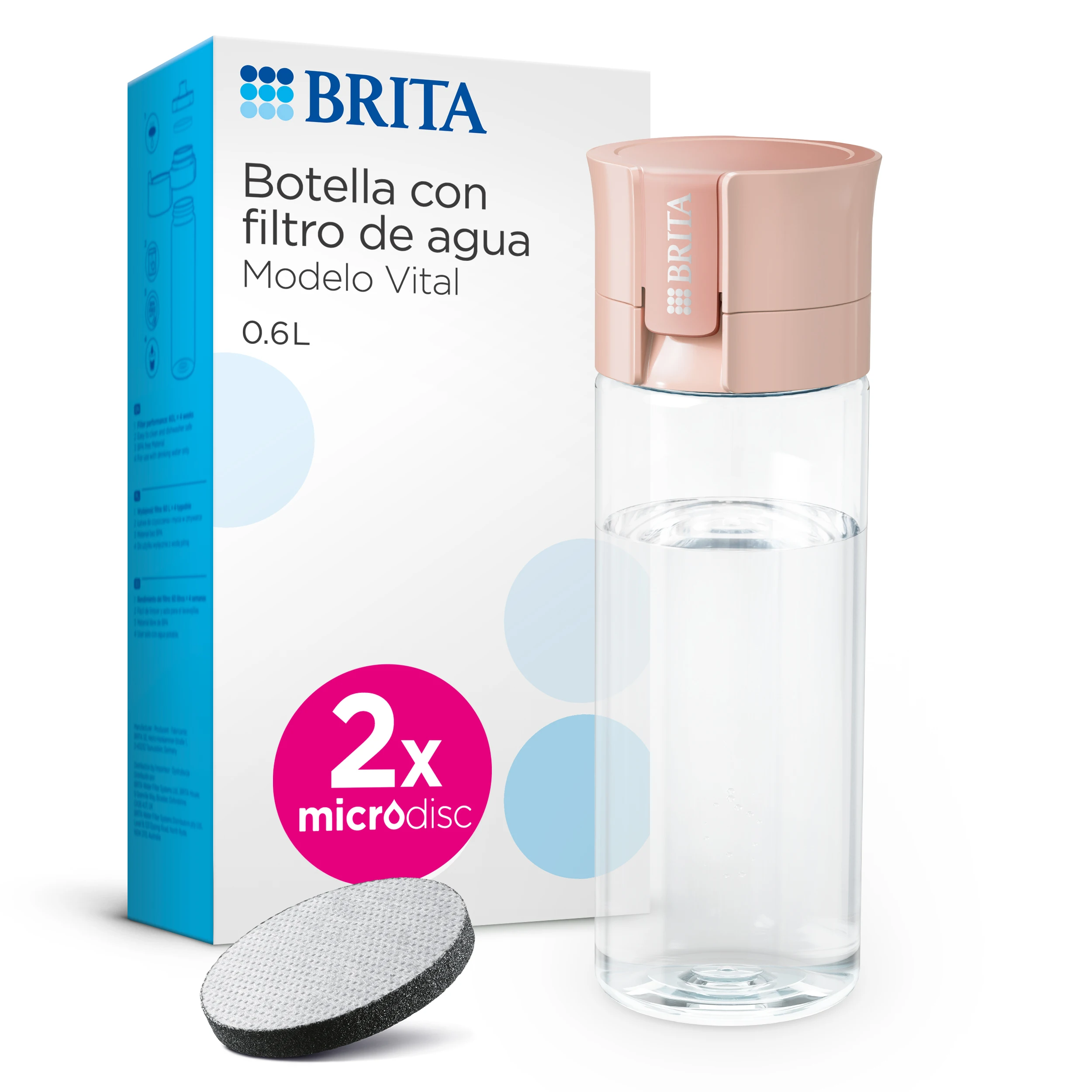BRITA Botella Filtrante de Agua, Mod. VITAL Rosa Apricot (600 ml), Incluye 2 filtros MicroDisc, para hidratarse en cualquier lugar, elimina cloro, impurezas, hormonas y preserva minerales