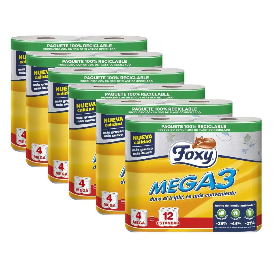 FOXY Mega 3 Papel higiénico 4 Rollos - Pack 6