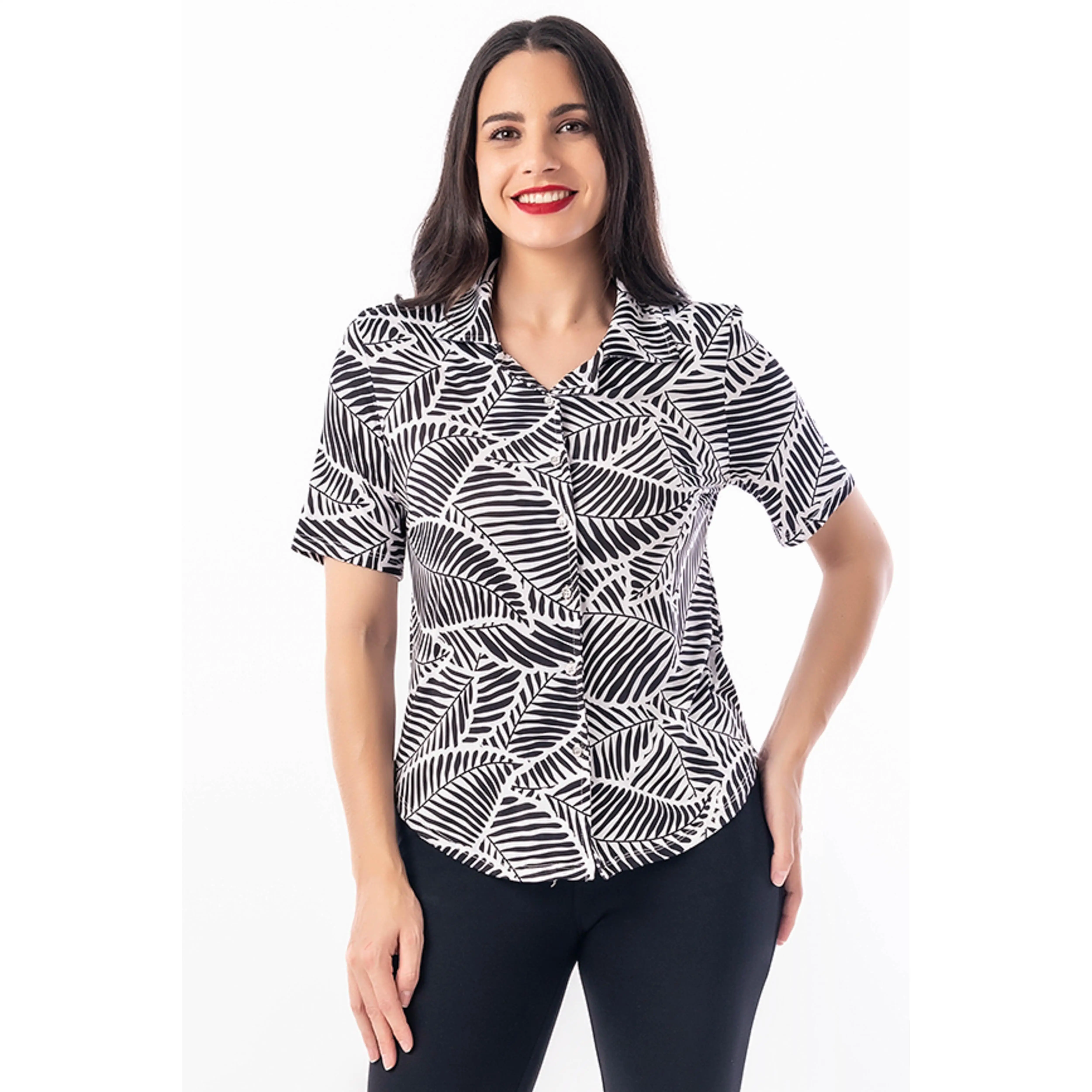 Blusa Mujer Manga Corta Estampada con Botones y Cuello Camisero - Genuine