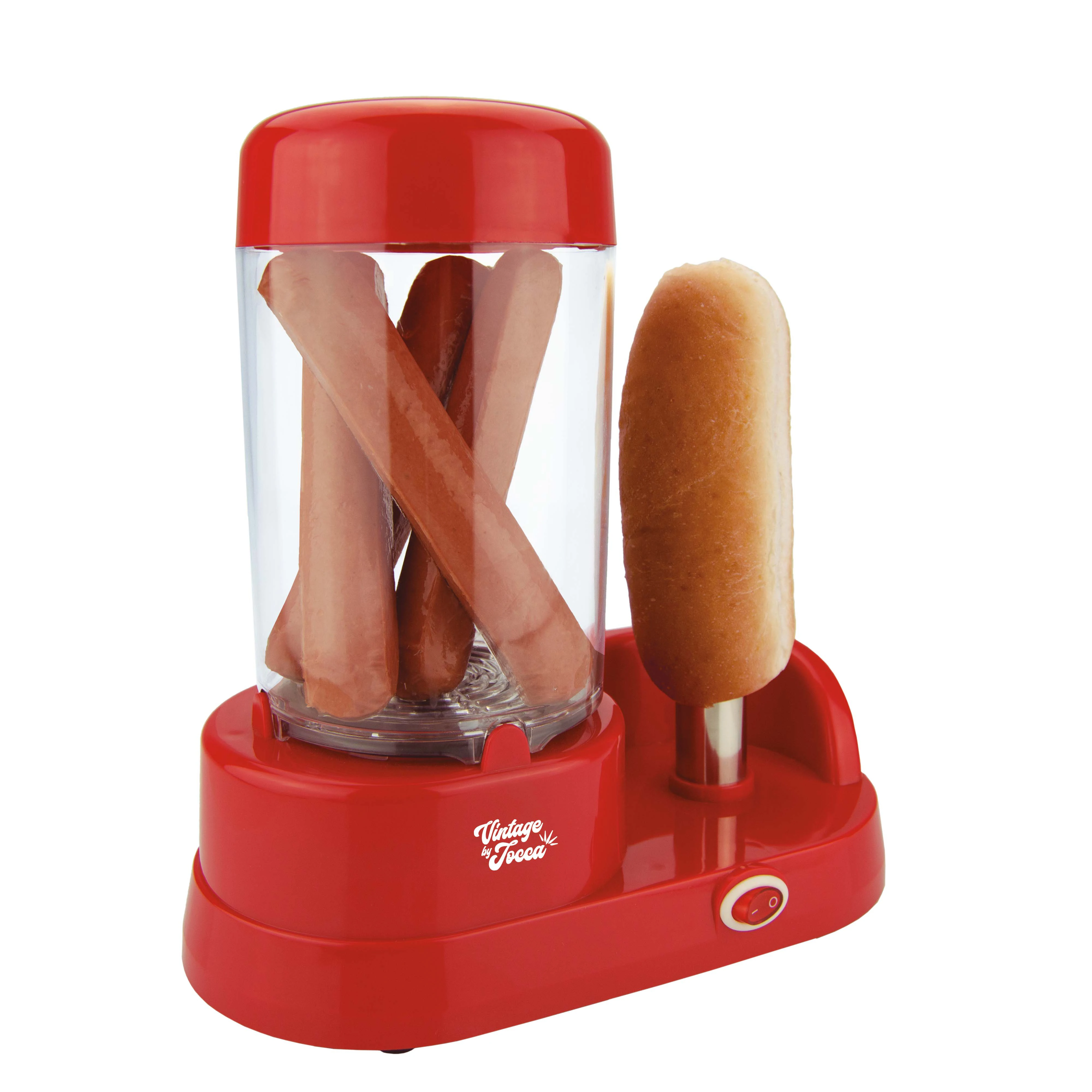 Máquina de perritos calientes de la marca Jocca en color rojo con capacidad para cocinar 6 salchichas al vapor en un compartimento extraíble y barra de acero inoxidable para calentar el pan